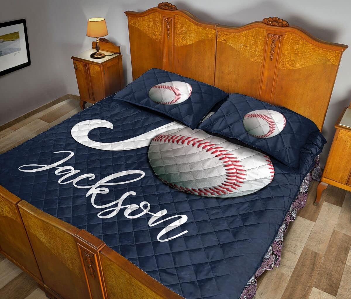 OhaPrints Balón de béisbol personalizado con fondo azul marino, regalo para amantes de los deportes, manta y fundas de almohada, juego de cama y