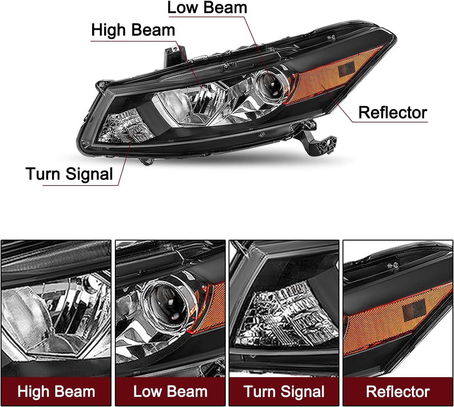 JSBOYAT Par de montaje de faros delanteros para Honda Accord Coupe 2008-2012 de 2 puertas tipo halógeno OEM proyector delantero negro esquina ámbar