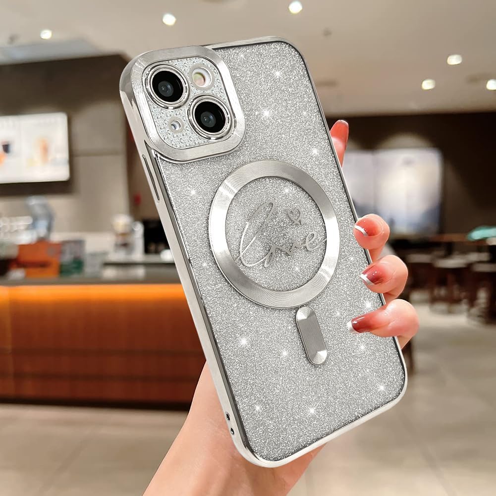 Funda magnética transparente con purpurina para iPhone 14, compatible con Magsafe, diseño de corazón de amor, chapado de lujo, protector completo de