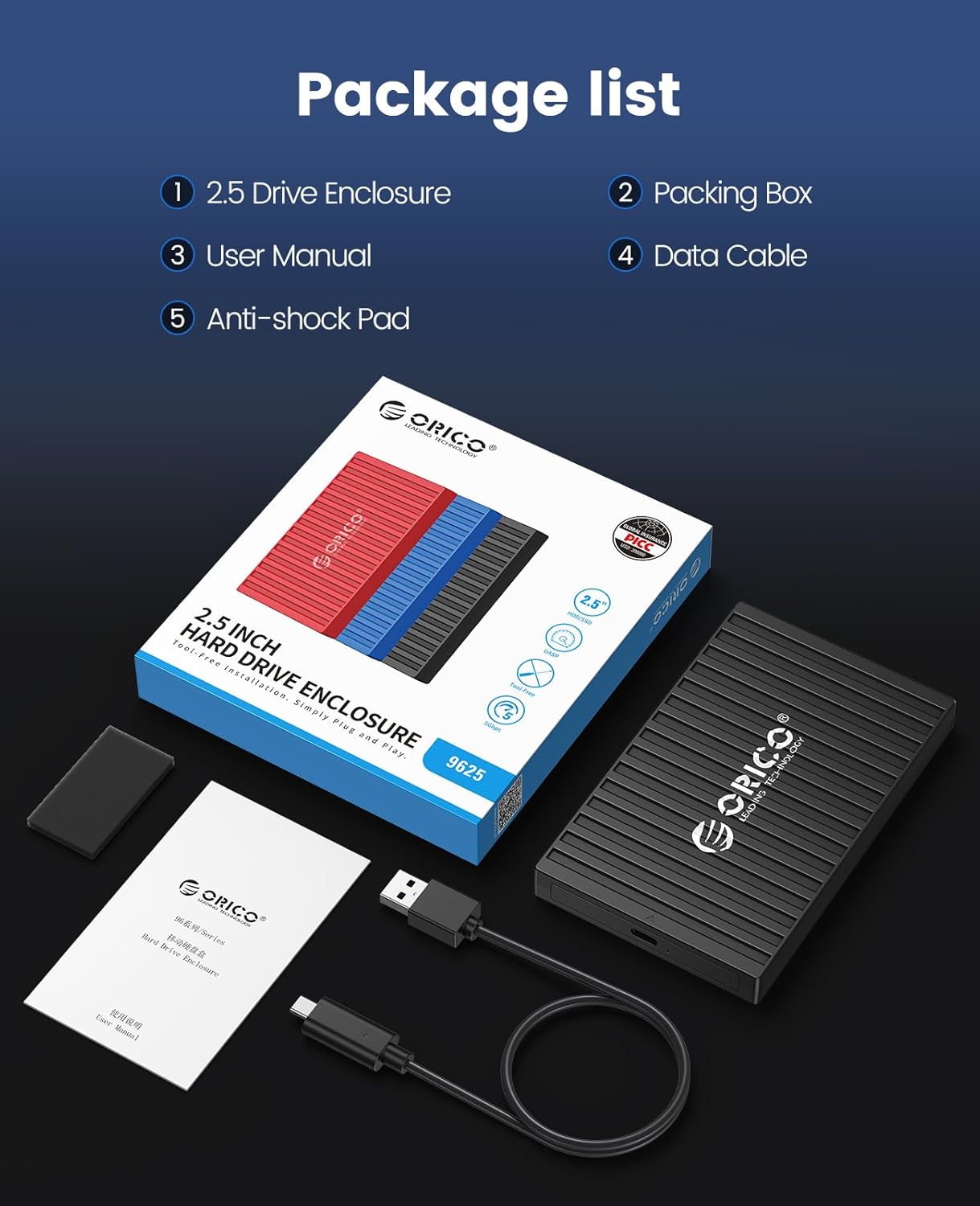 ORICO Caja de disco duro de 2.5″, 6Gbps USB 3.1 Gen 1 Caja de disco duro externo sin herramientas para 2.5 pulgadas 0.276 in0.374 in SATA HDD & SSD,
