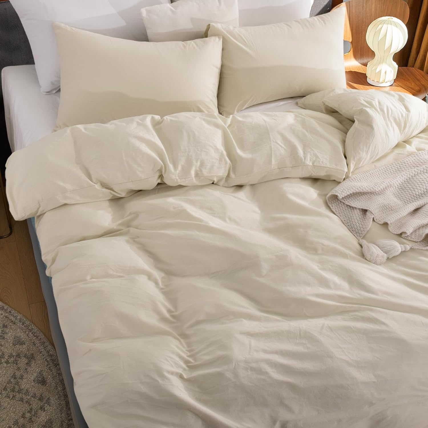 NEXHOME PRO Juego de funda de edredón 100% algodón lavado, tamaño matrimonial, textura de lino orgánico natural, juego de ropa de cama de 3 piezas