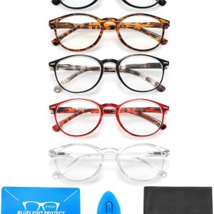 eyeezi Paquete de 5 lentes de lectura con bloqueo de luz azul para mujeres y hombres, bisagra de resorte UV400, lentes redondos para lectura de eyeezi Paquete de 5 lentes de lectura con bloqueo de luz azul para mujeres y hombres, bisagra de resorte UV400, lentes redondos para lectura de