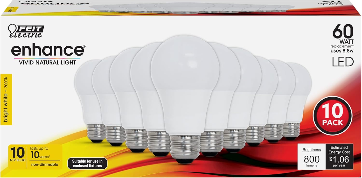 Feit Electric Bombilla LED A19, equivalente a 60 W, no regulable, 800 lúmenes, base media E26, blanco brillante de 3000 K, CRI 90, vida útil de 10