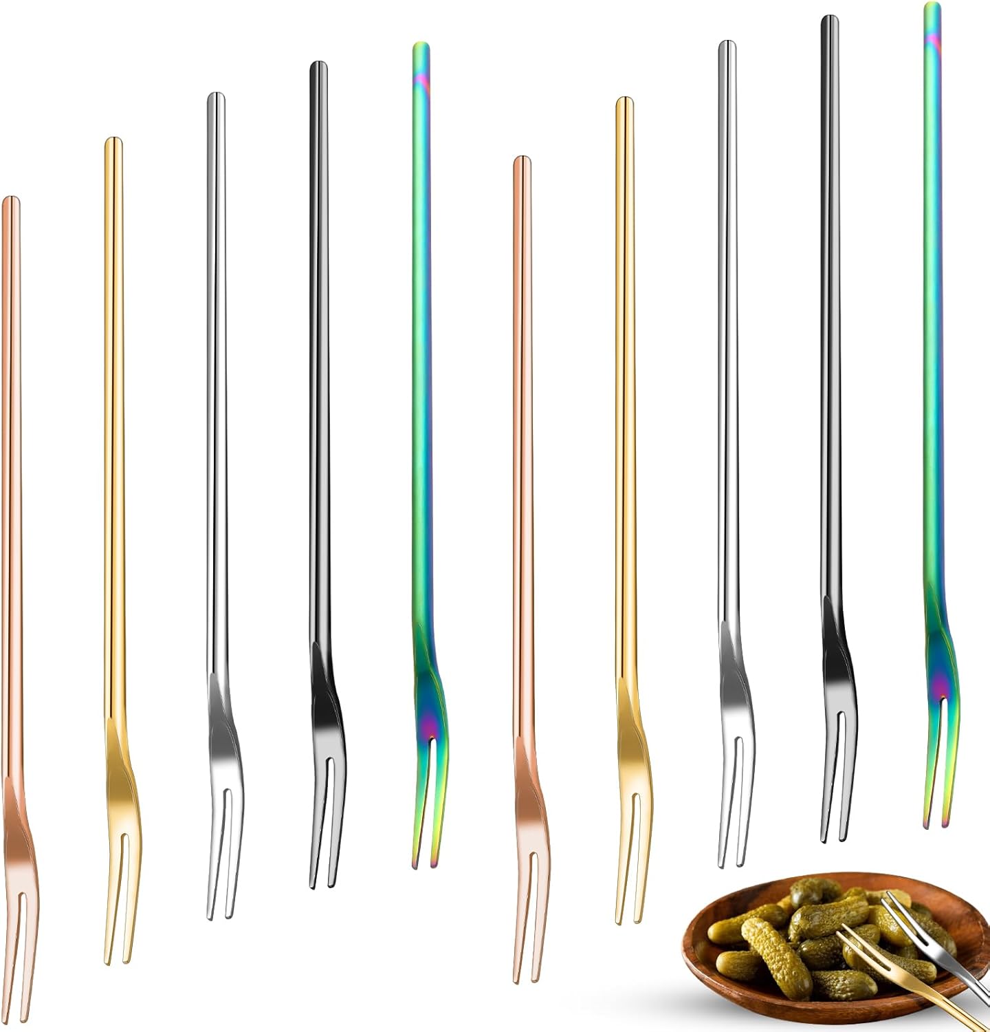 10 tenedores para pepinillos, tenedor de oliva con mango largo, tenedores de cóctel de acero inoxidable de 8.2 pulgadas, agarrador de pepinillos