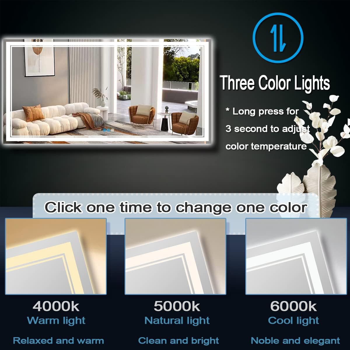 DIDIDADA Espejo LED de baño de 36 x 72 pulgadas para baño montado en la pared, espejo de tocador iluminado de 72 pulgadas con luces, 3 colores,
