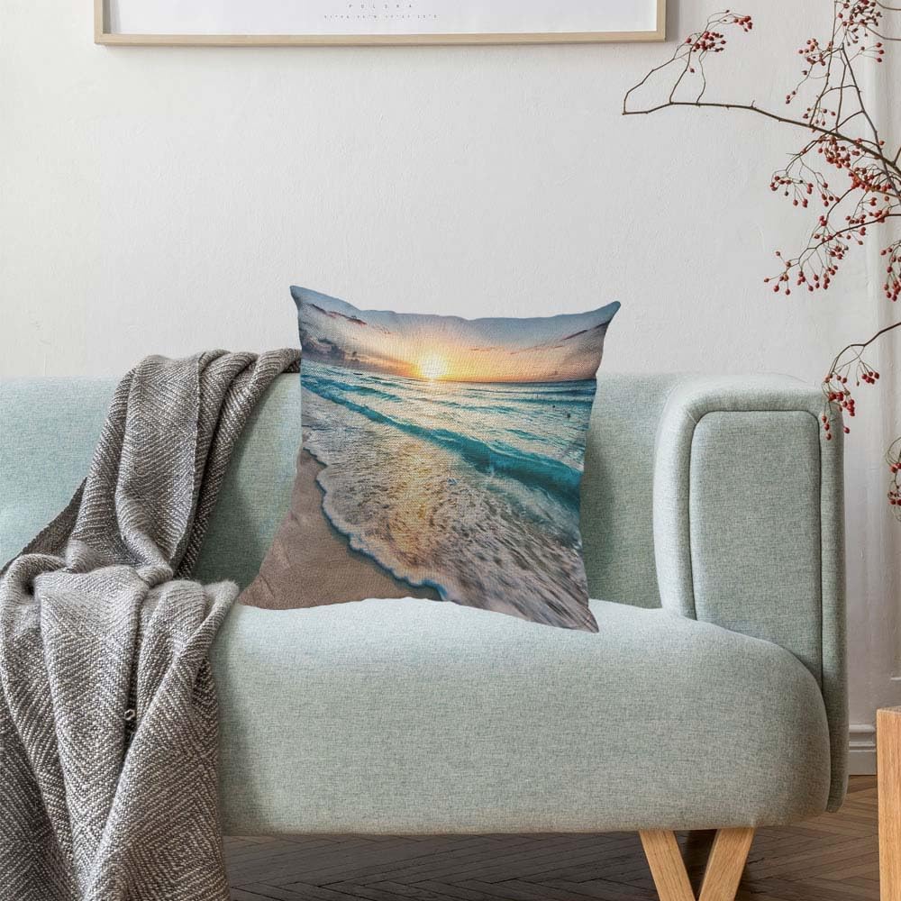 HOSNYE Seaside Wave – Funda de almohada de lino y algodón con diseño de océano tropical, playa, mar, puesta de sol, atardecer, azul, arena, verano,