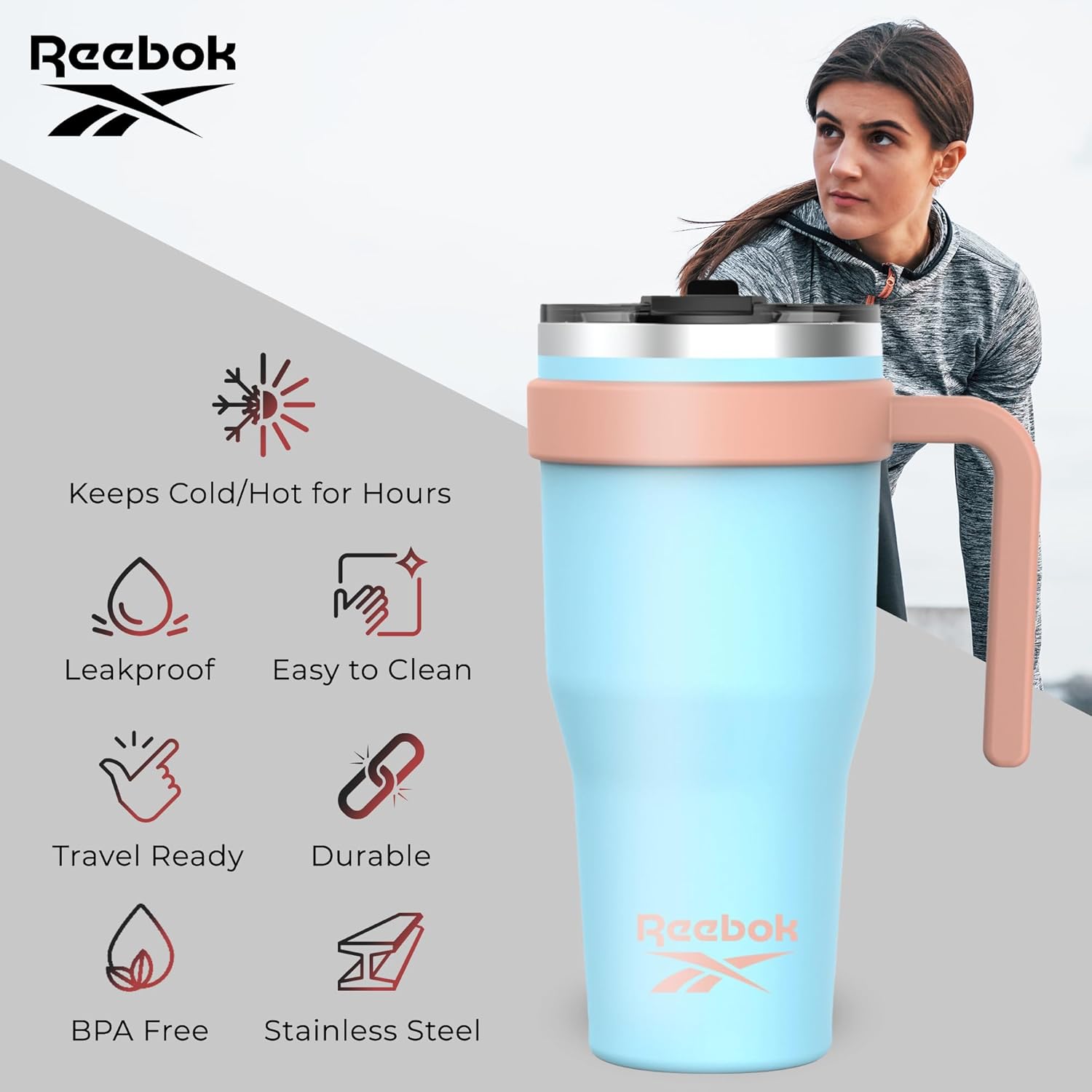 Reebok Vaso de acero inoxidable con asa, vaso de 40 onzas en dos tonos, vaso de doble pared aislado al vacío, vaso a prueba de fugas para hombres y