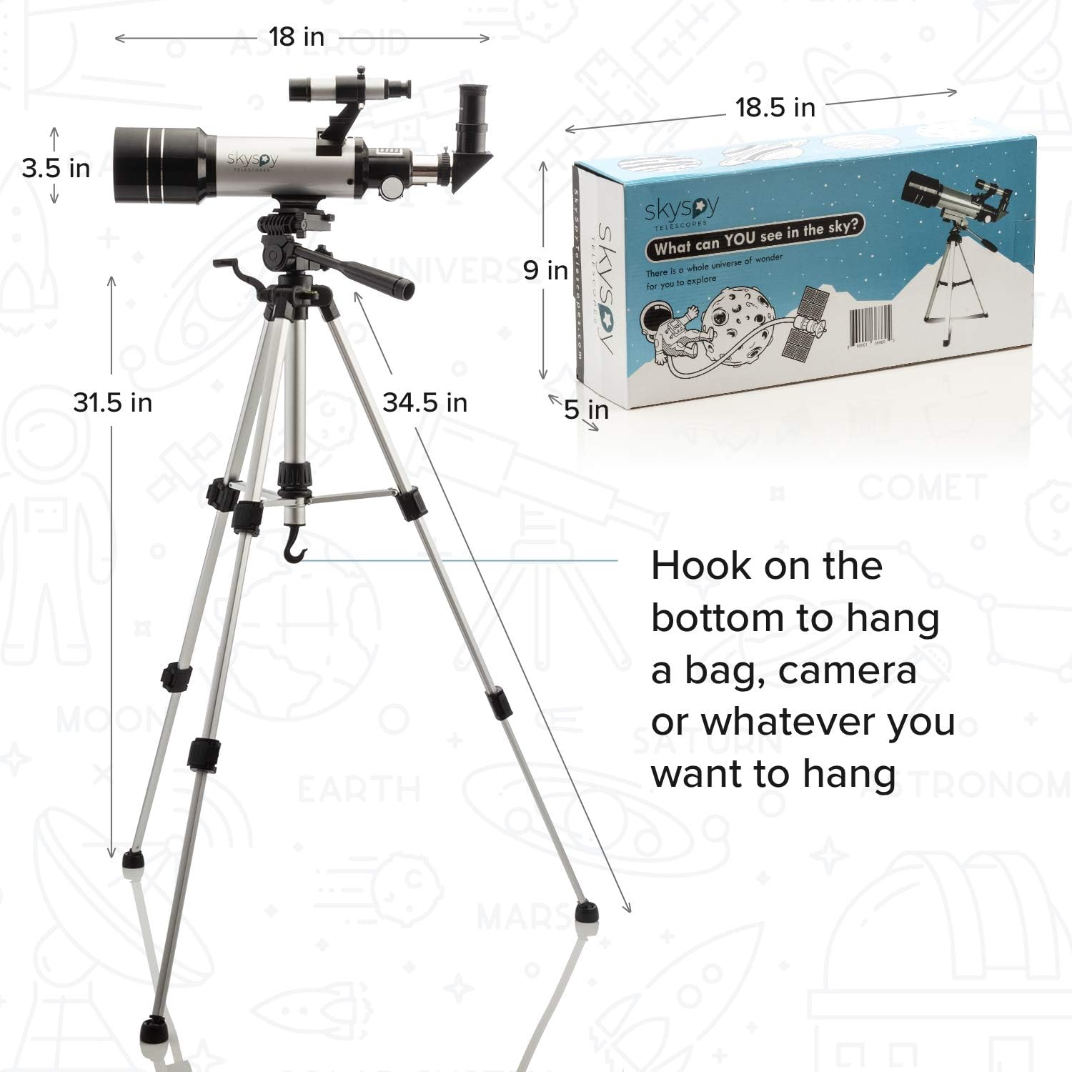 SkySpy Telescopio – Telescopio refractor para principiantes de 2.756 in con alcance buscador y trípode – Vidrio portátil con 3 oculares de aumento –