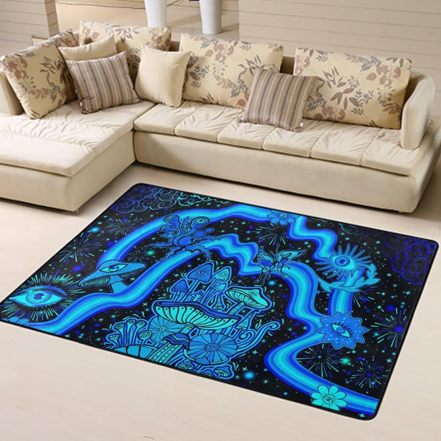 Alfombra de área ultra suave y acogedora para niñas, niños, adolescentes, alfombra de área de juegos, hongos, flores, ojos, estrellas, plantas