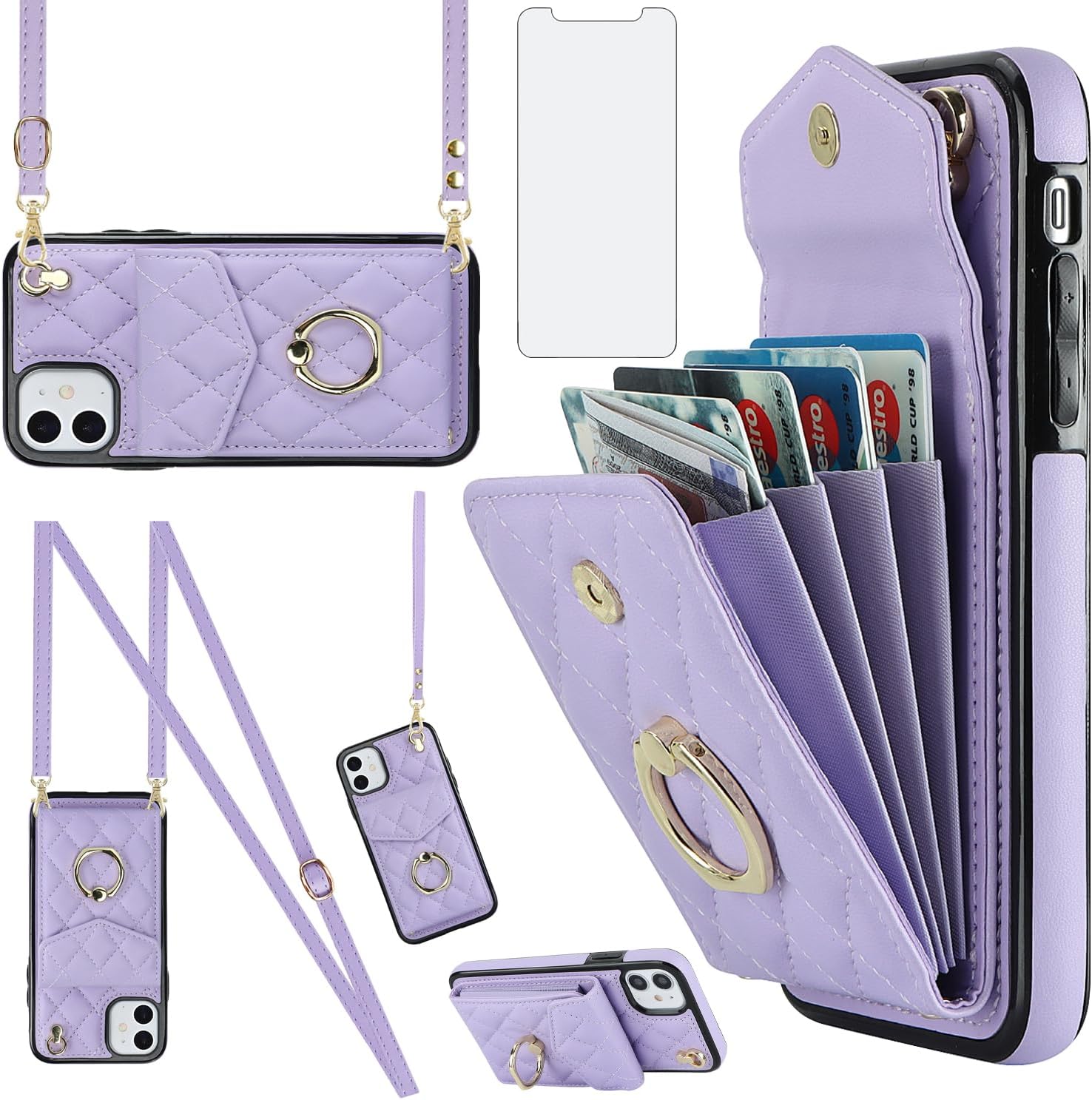 Asuwish Funda de teléfono para iPhone 11 6.1 con protector de pantalla de vidrio templado y correa de muñeca con anillo de bloqueo RFID, tarjetero
