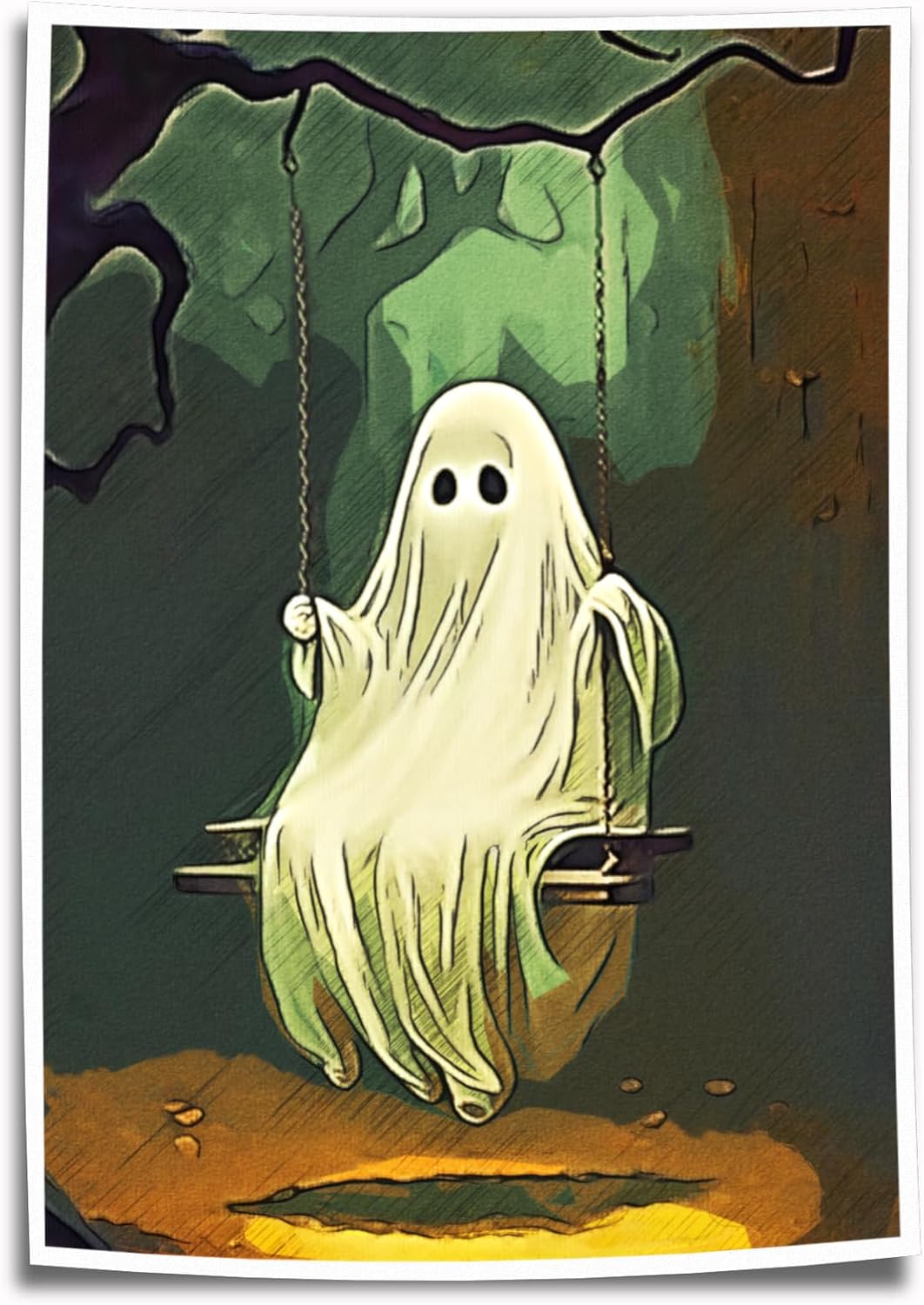Lienzo decorativo para pared de fantasma, divertido póster de fantasma en columpio de bosque, impresión artística de Halloween (18 x 12 pulgadas,