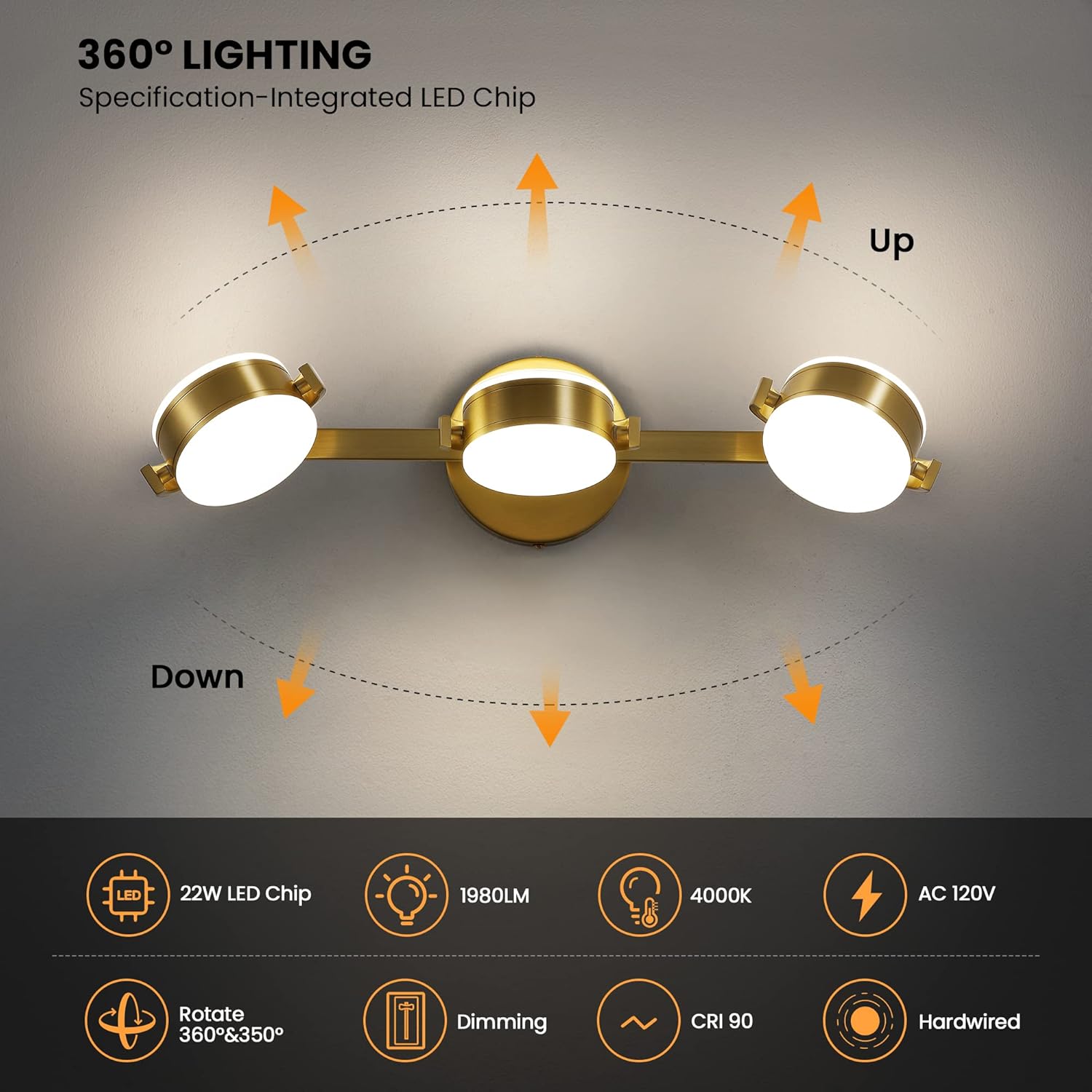 Luces de baño sobre el espejo 3 luces de oro cepillado LED giratorias de 360 para tocador de baño – Modernas lámparas de montaje en pared de 30 W