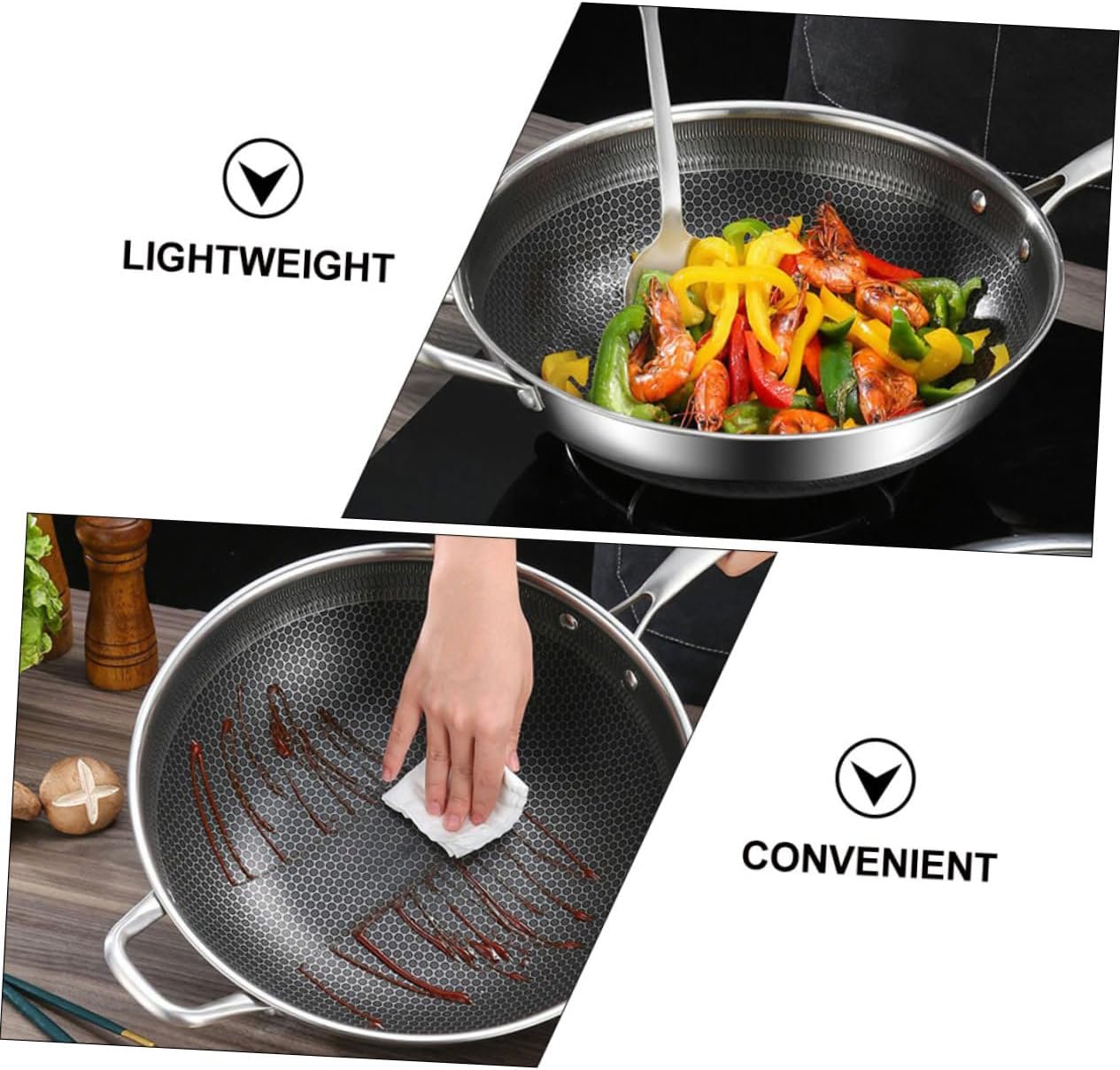 HAKIDZEL Wok de acero inoxidable antiadherente Sartén antiadherente utensilios de cocina antiadherentes Sartén de acero inoxidable Utensilios de