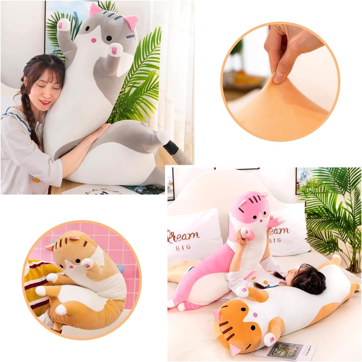 Linda almohada larga para el cuerpo de gato de peluche de animales de peluche para niñas y niños, almohada de peluche Kawaii para mascotas