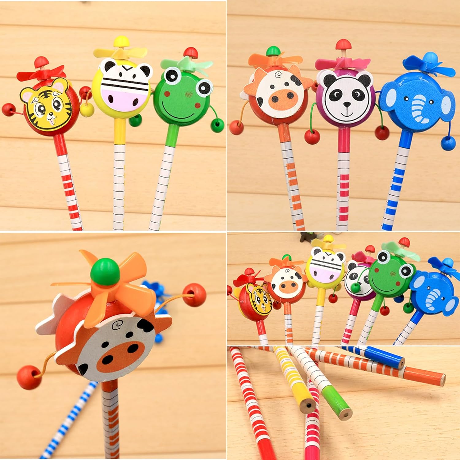 12 lápices de animales de molino de viento de sonajero, lápices de madera para estudiantes, lápices de rayas de color, suministros para el aula para
