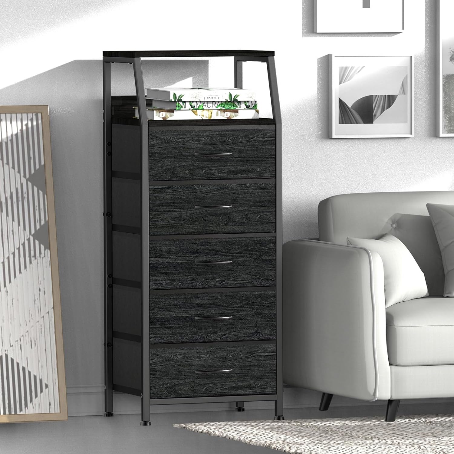 Cómoda negra para dormitorio, organizador de almacenamiento con 5 cajones, torre de almacenamiento vertical de tela, unidades de armario de ropa