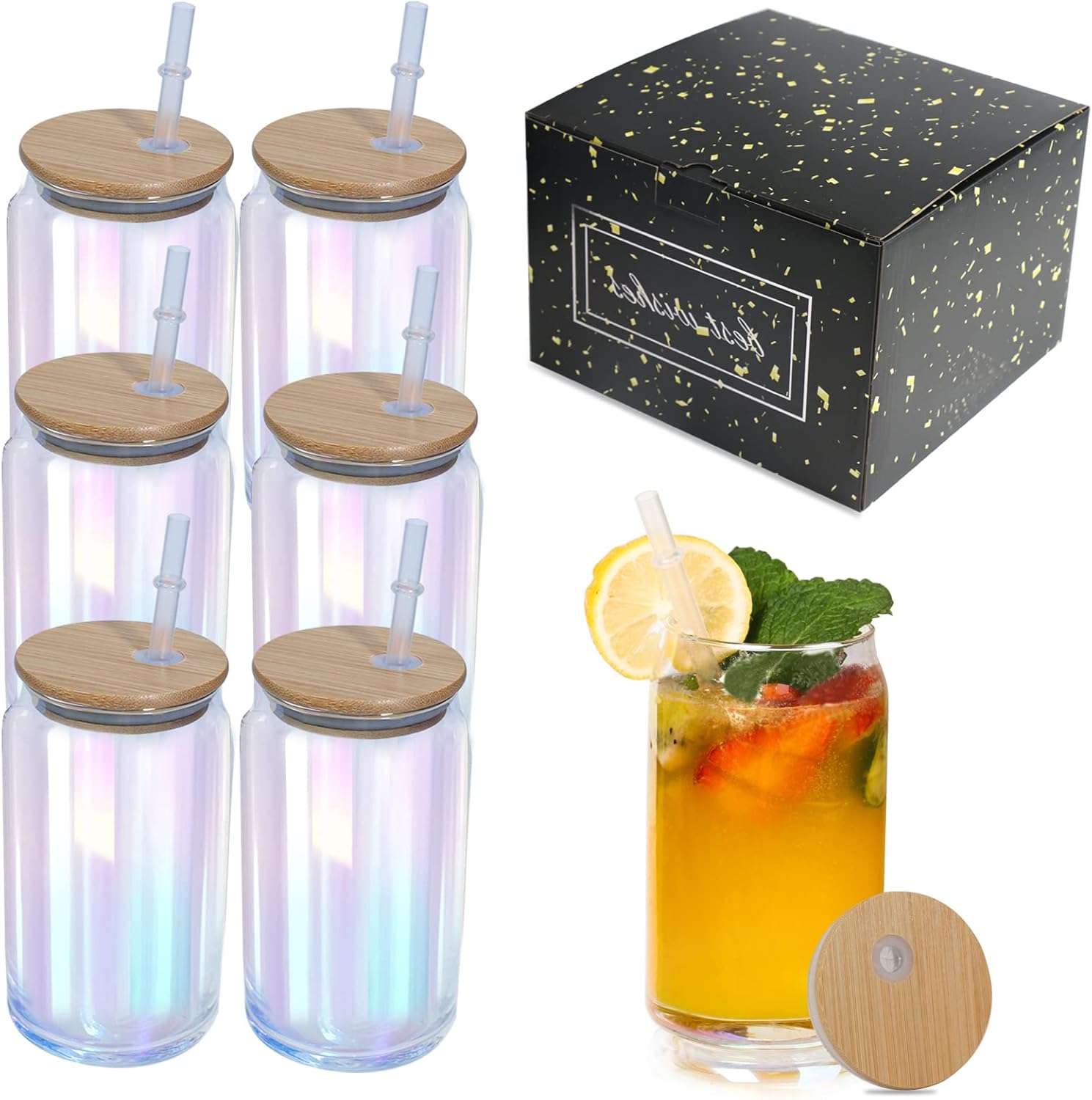 Taza de café helado, tazas de vidrio con tapa de bambú y pajita, juego de 6, vasos de cerveza de 16 onzas, vaso iridiscente, vasos de vidrio para