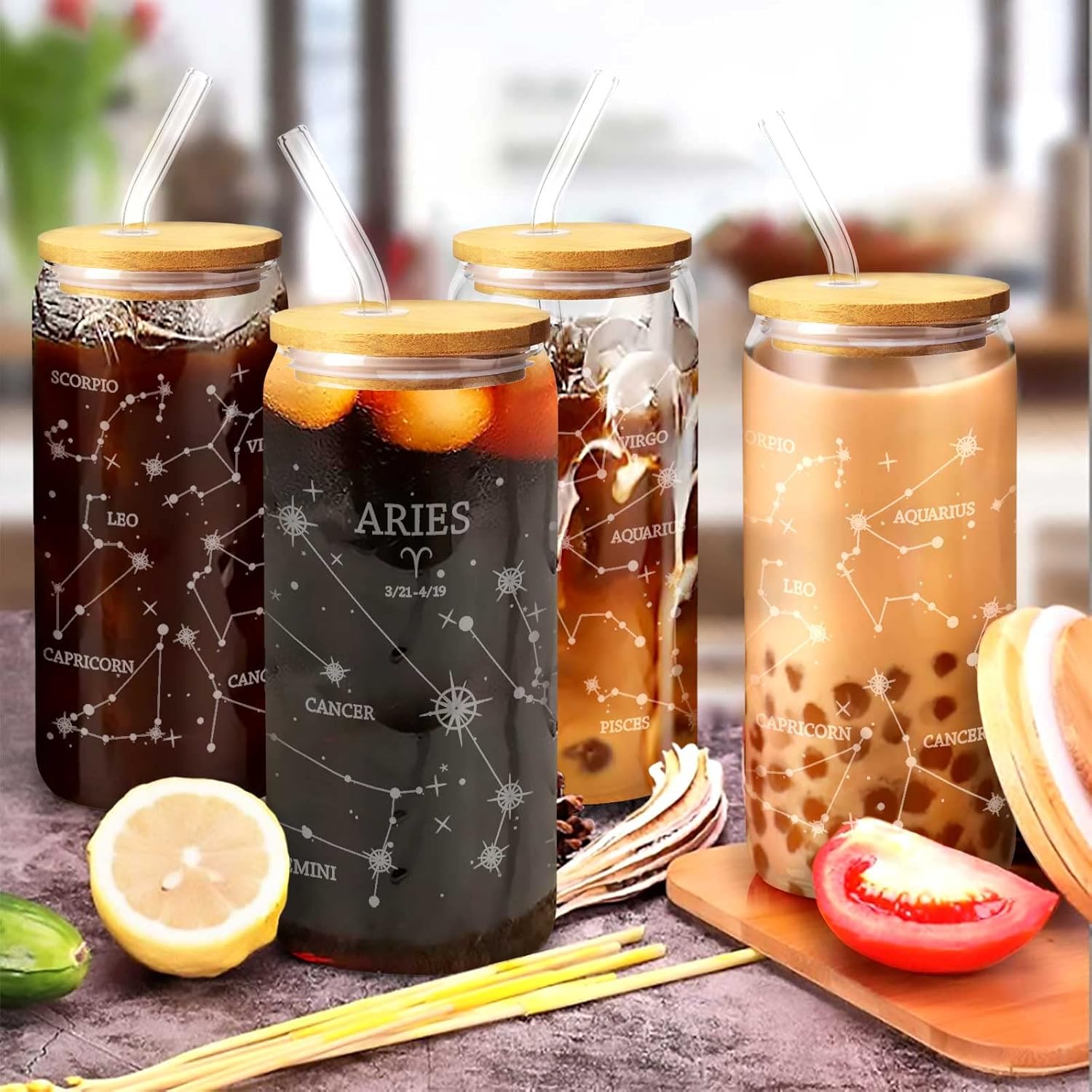 Aries – Tazas de café helado de 20 onzas  Tazas de vidrio con tapas y pajitas  Vaso de vidrio de constelación de astronomía con tapa de bambú y