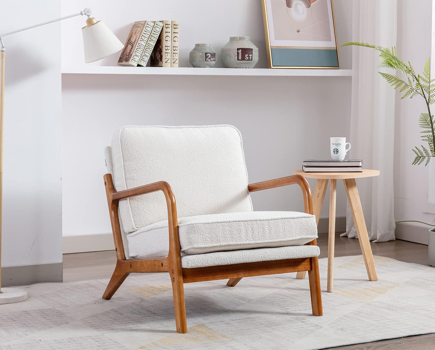 KINFFICT Silla decorativa tapizada de mediados de siglo, cómoda silla de descanso con cojín grueso, moderna silla de madera con brazos, silla de