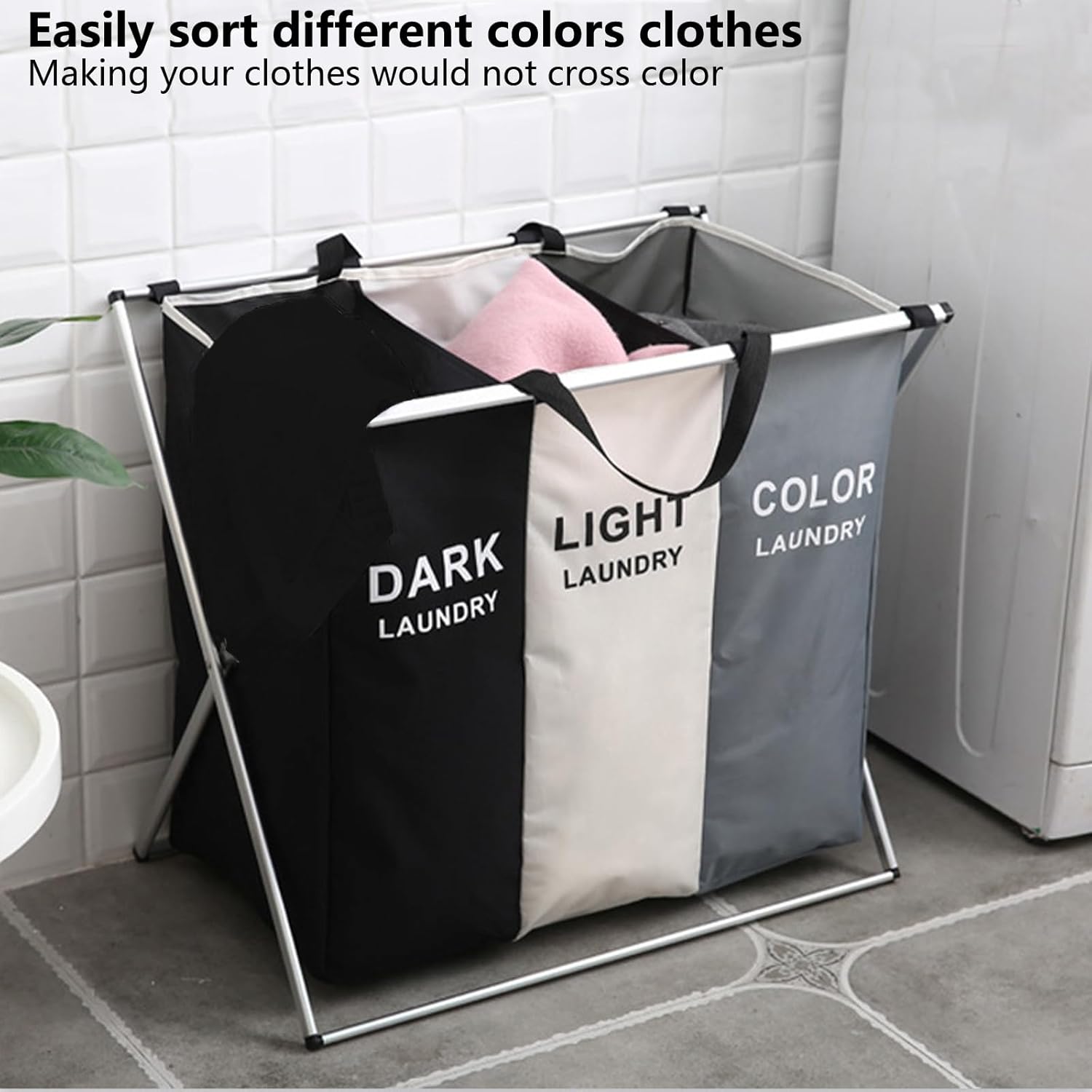 Cesta de lavandería mejorada de 136 litros, clasificadora de 3 secciones, impermeable y plegable, bolsa de almacenamiento para ropa sucia, juguetes,