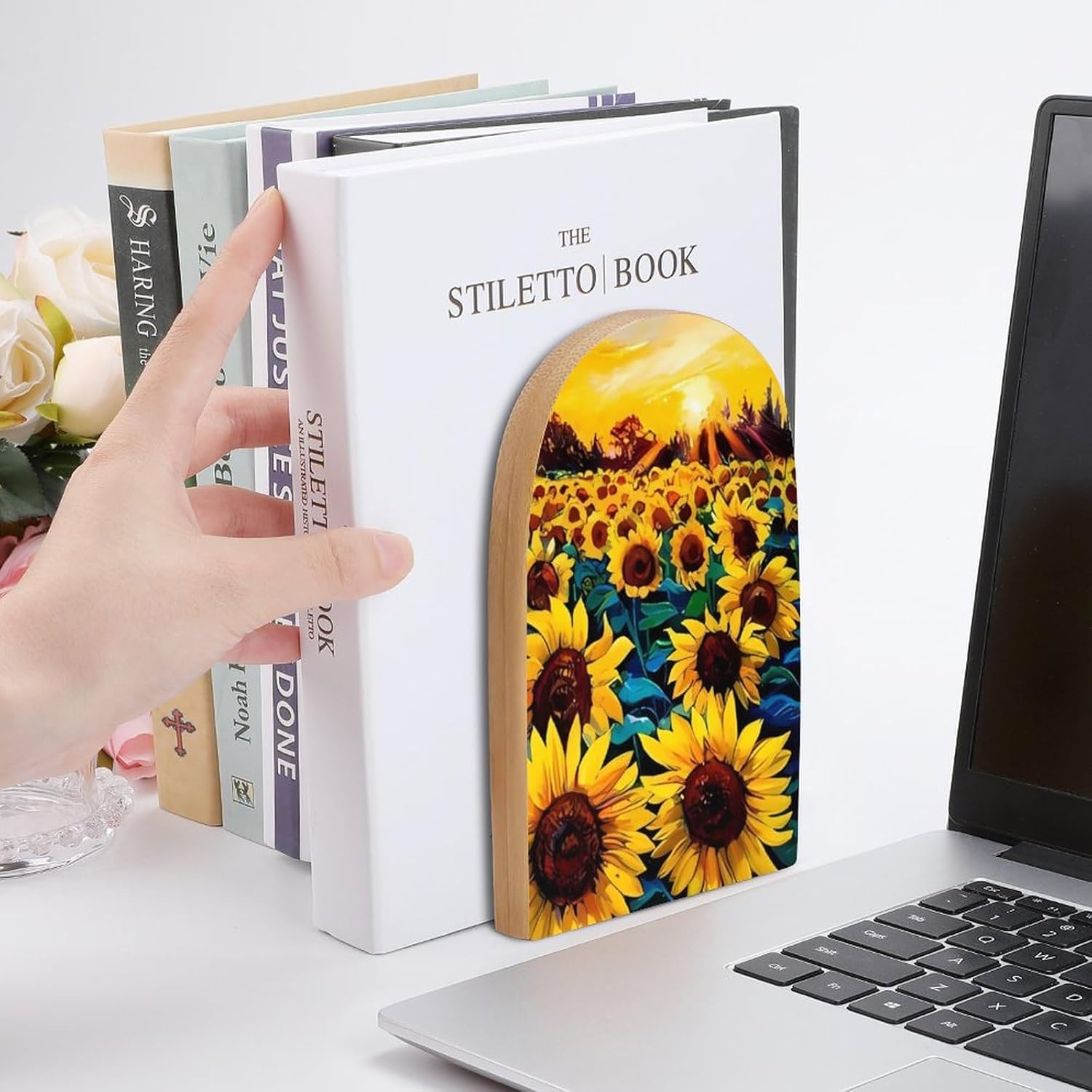 Sujetalibros de madera resistente para estantes de pintura al óleo de girasoles para estantes, antideslizantes, resistentes, decorativos, para el