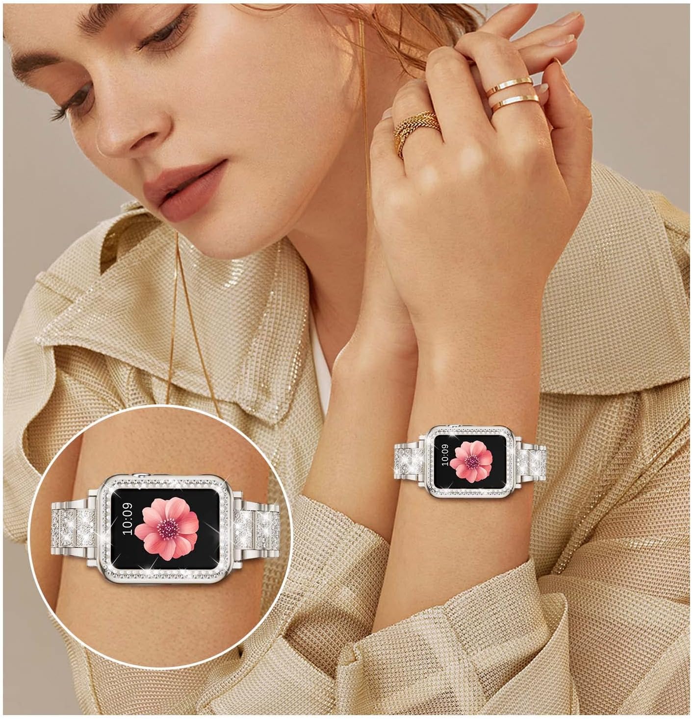 SUPOIX Compatible con Apple Watch Band de 1.614 pulgadas + funda, correa de metal con diamantes brillantes para mujer y paquete de 2 fundas