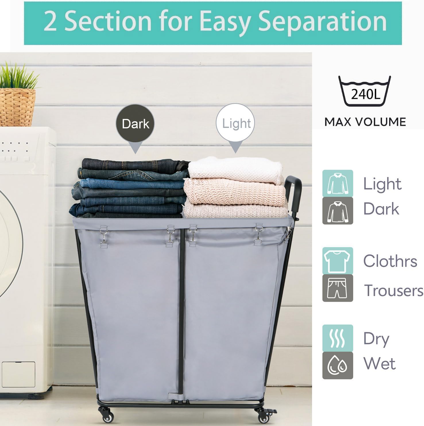 2 Section Laundry Cart Rolling Laundry Sorter 240L Large Laundry Basket with Wheels Heavy Duty Laundry Separator Hamper with Removable Oxford Bags
