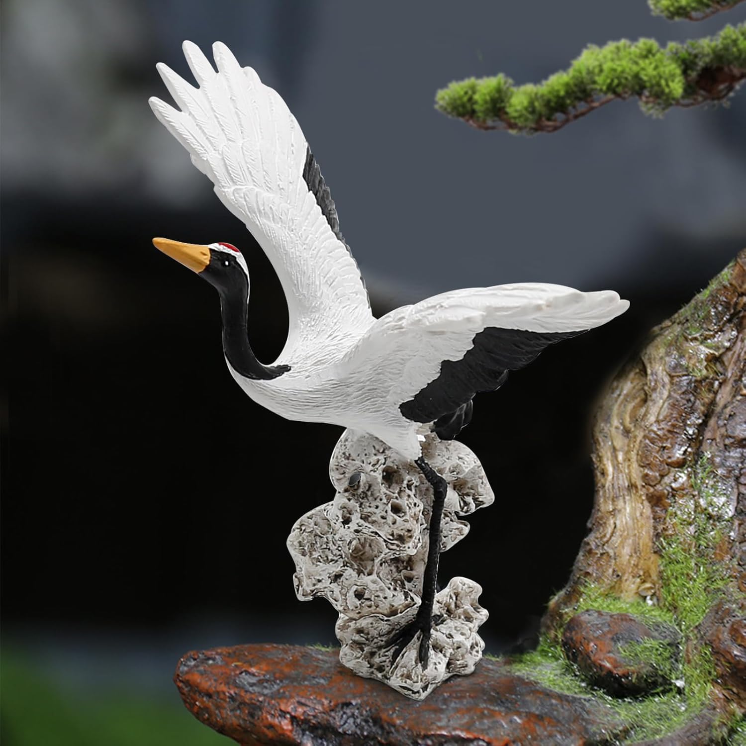 UOIENRT Paquete de 2 estatuas de grúa de jardín en miniatura, arte de pájaros, decoración de bonsái, esculturas de hadas de jardín