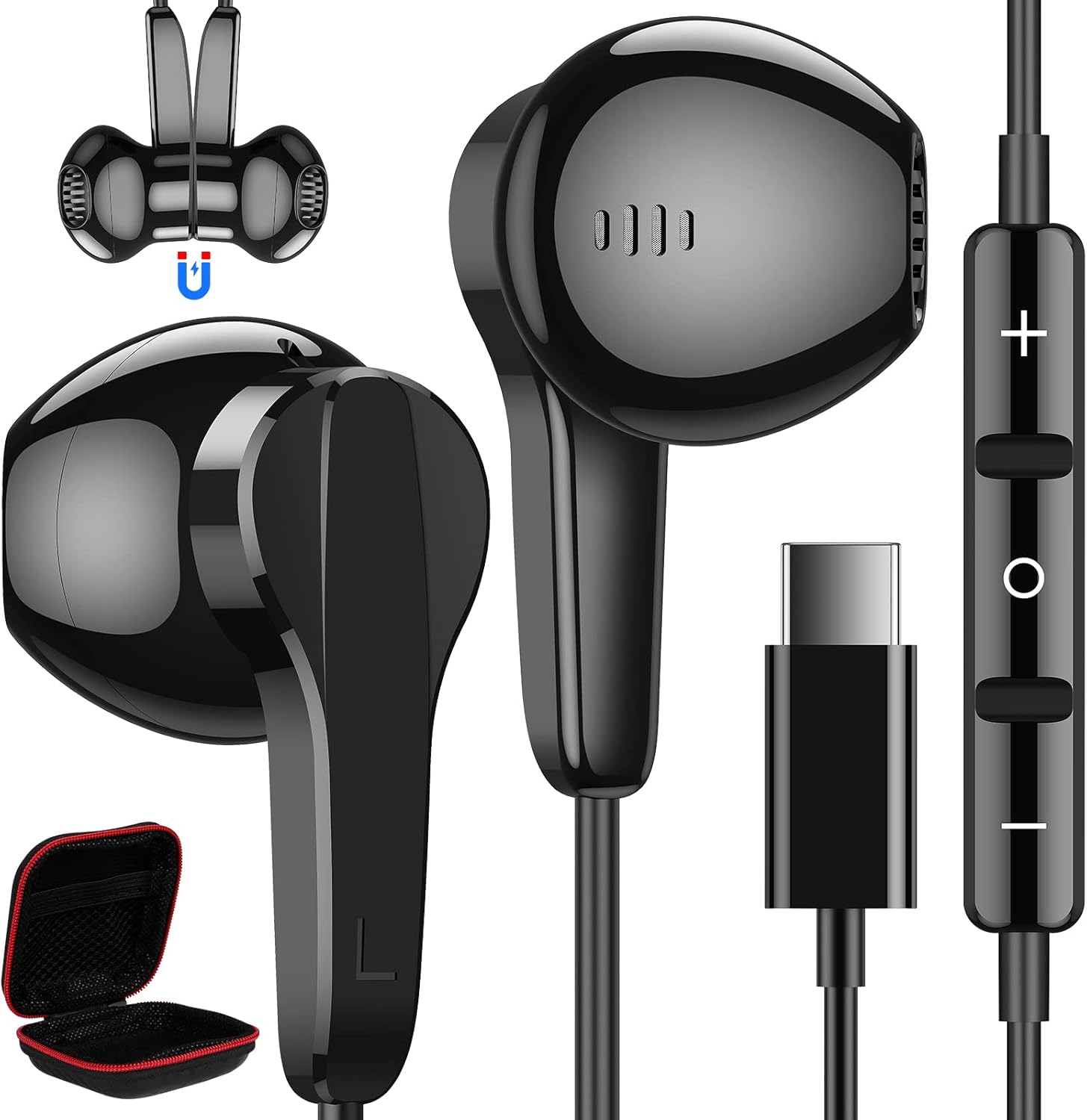 Auriculares USB C para Samsung S24 Ultra S23 Fe S22+, auriculares tipo C con micrófono, control de volumen estéreo de alta fidelidad, magnético en