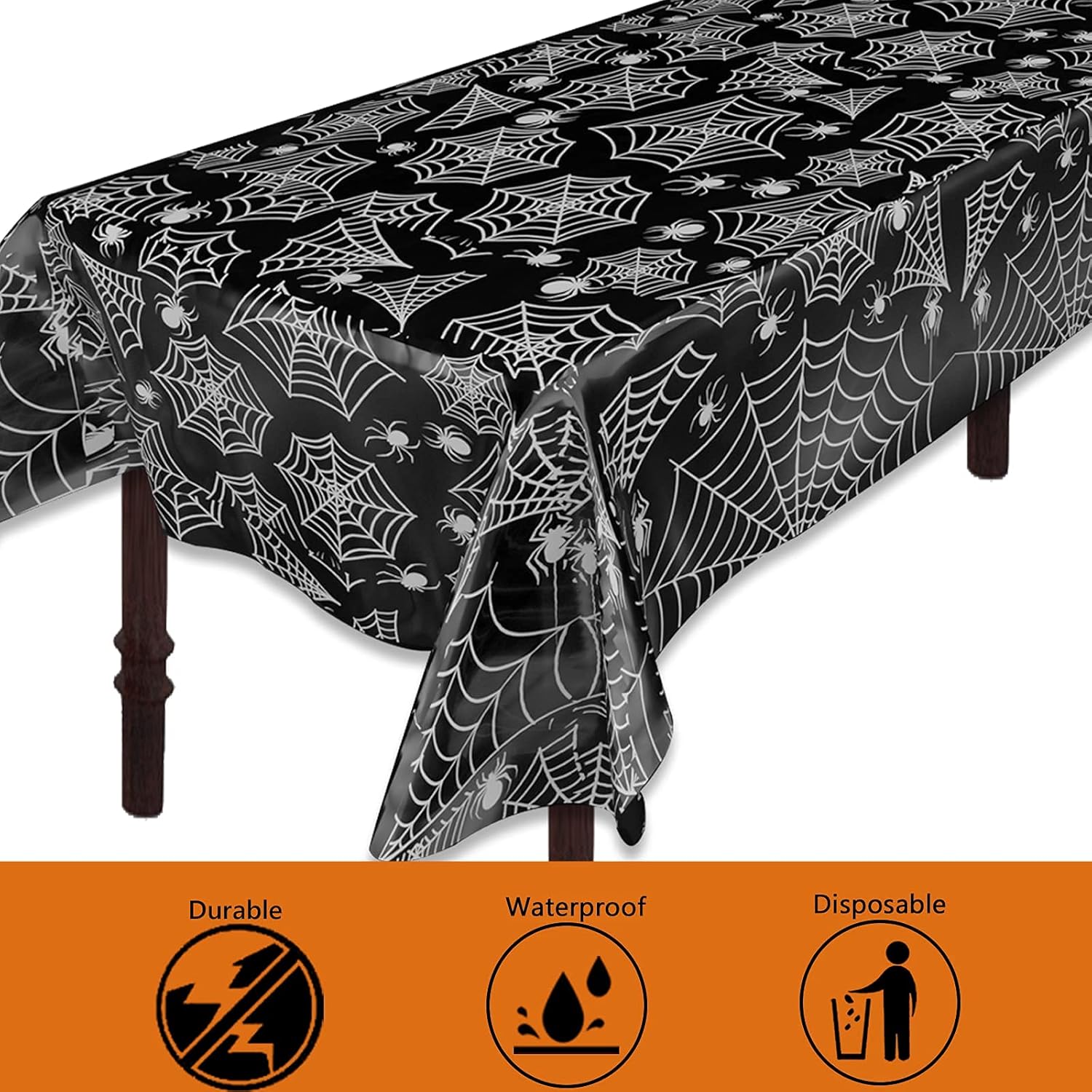 Mantel de plástico para Halloween, 4 unidades, 54 x 108 pulgadas, rectangular, tela de araña negra, desechable, impermeable, a prueba de derrames,