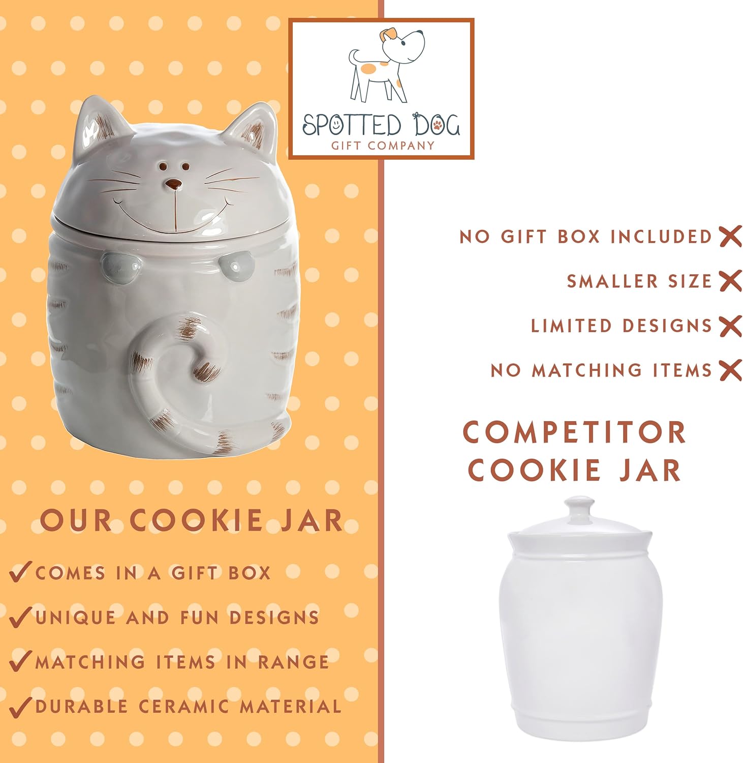 SPOTTED DOG GIFT COMPANY Tarro de galletas para gatos con tapa, recipiente de cocina de cerámica para encimera, lindo recipiente de almacenamiento
