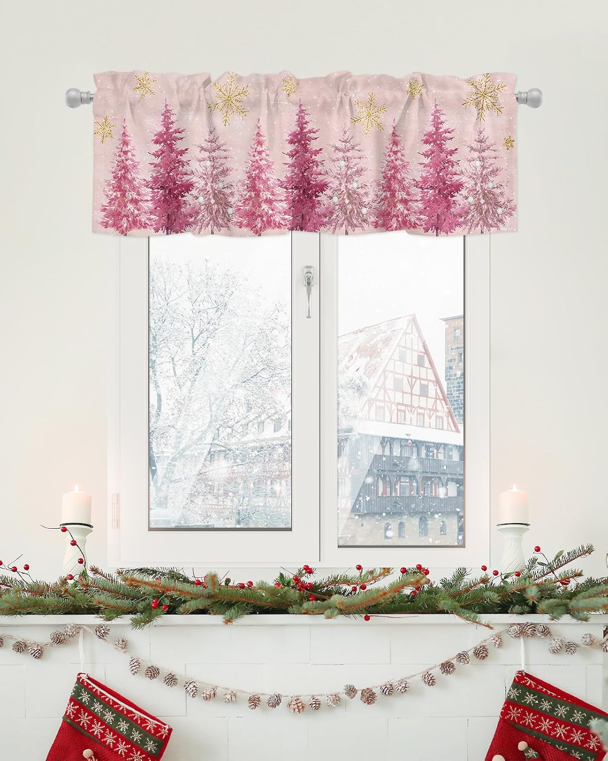 Cortinas de árbol de Navidad rosas para ventanas de sala de estar, cortinas de copo de nieve de invierno y cenefas para dormitorio, cortinas de