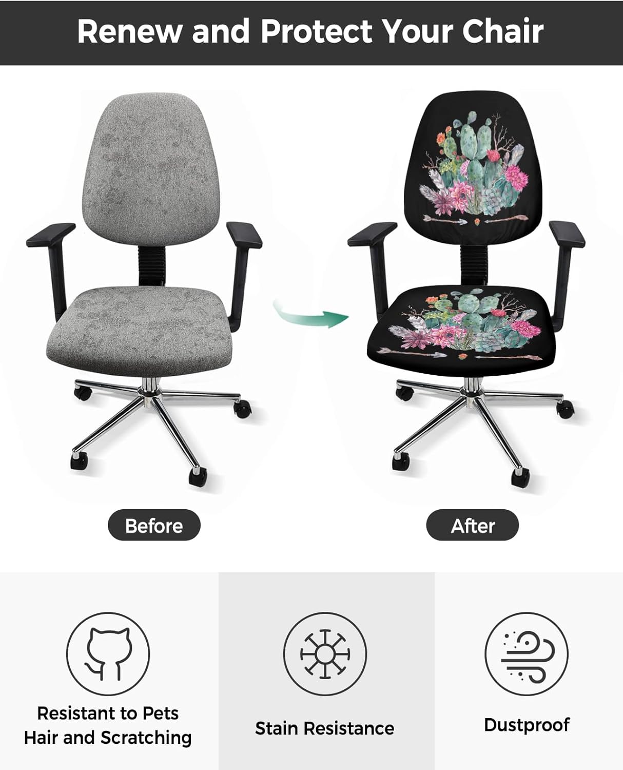 Funda para silla de oficina, diseño de flechas de cactus tropical, color negro, funda protectora y elástica para silla de escritorio, silla de