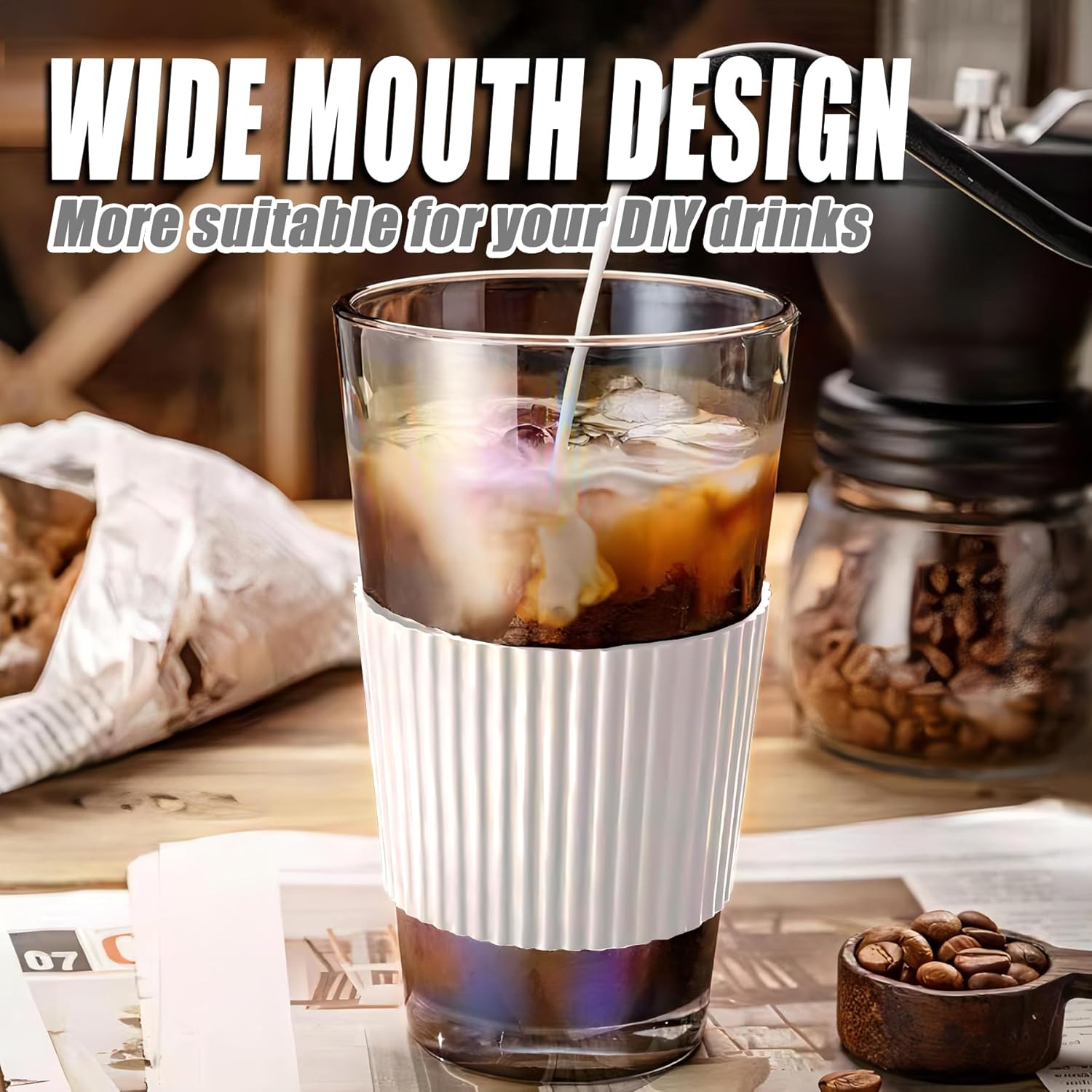 Vaso de vidrio de 15 onzas con popote de vidrio y tapa, taza de café helado Aurora de 15.2 fl oz con funda protectora de silicona, cabe en