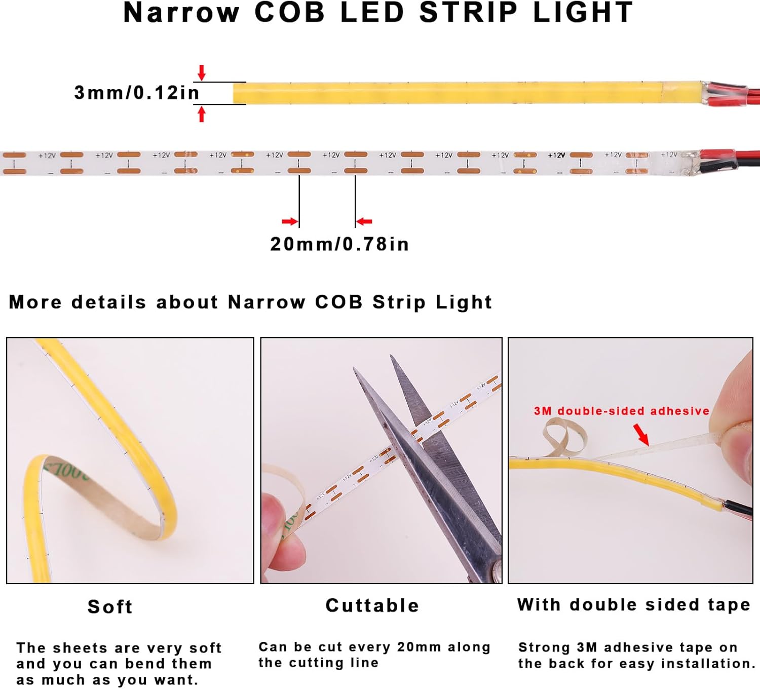 TOPAI Tira de luces LED COB de 12 V, azul, estrecha, 0.118 in de ancho, súper fina, cinta LED de 16.4 pies, sin puntos, 384 LEDsM, de alta densidad,