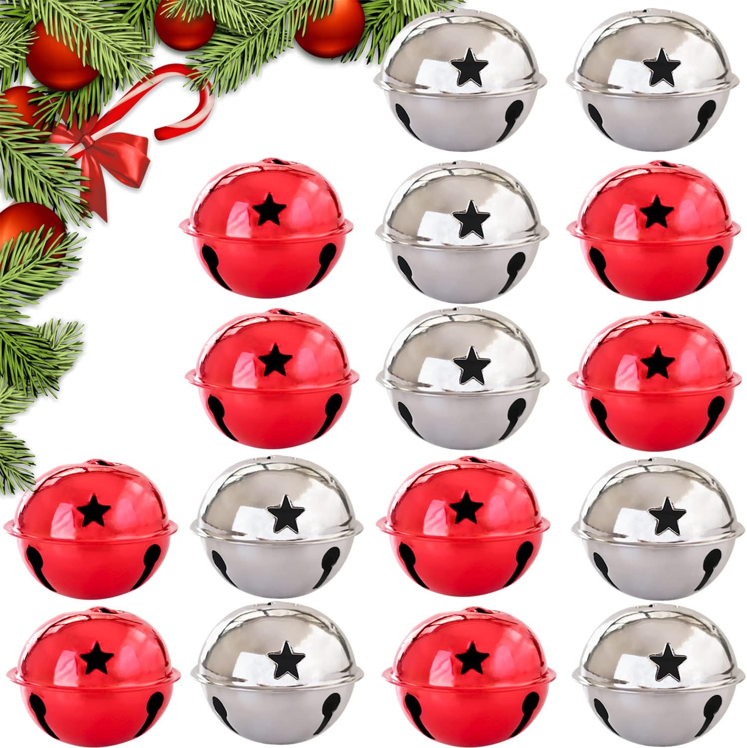 16 campanas de cascabel, campanas de estrella de Navidad, campanas artesanales para fiesta de Navidad de 1.57 pulgadas (rojo y plateado)