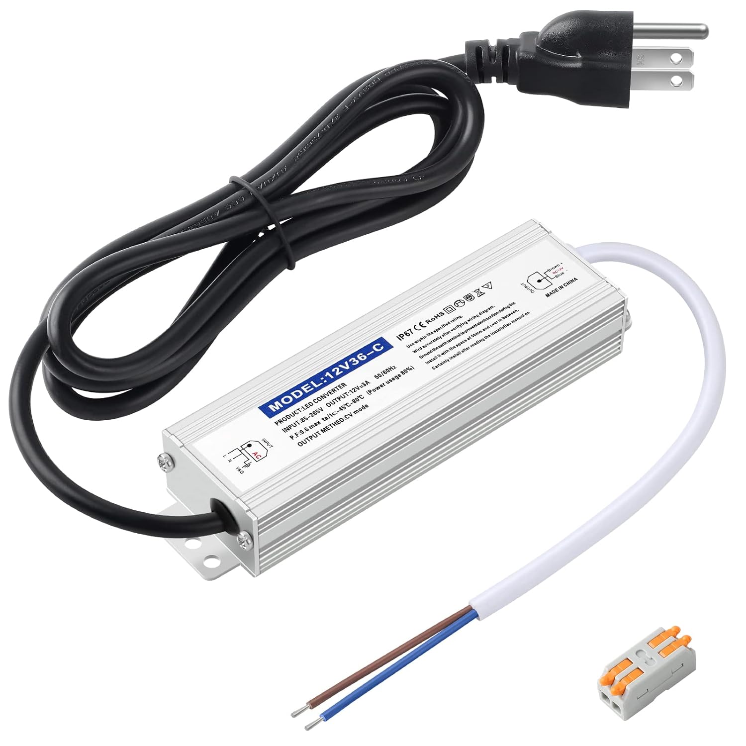 Fuente de alimentación impermeable IP67 de 24 V 36 W 1.5 A, controlador LED de 24 V, convertidor de CA de 120 V a 24 V CC, con enchufe de 3 clavijas
