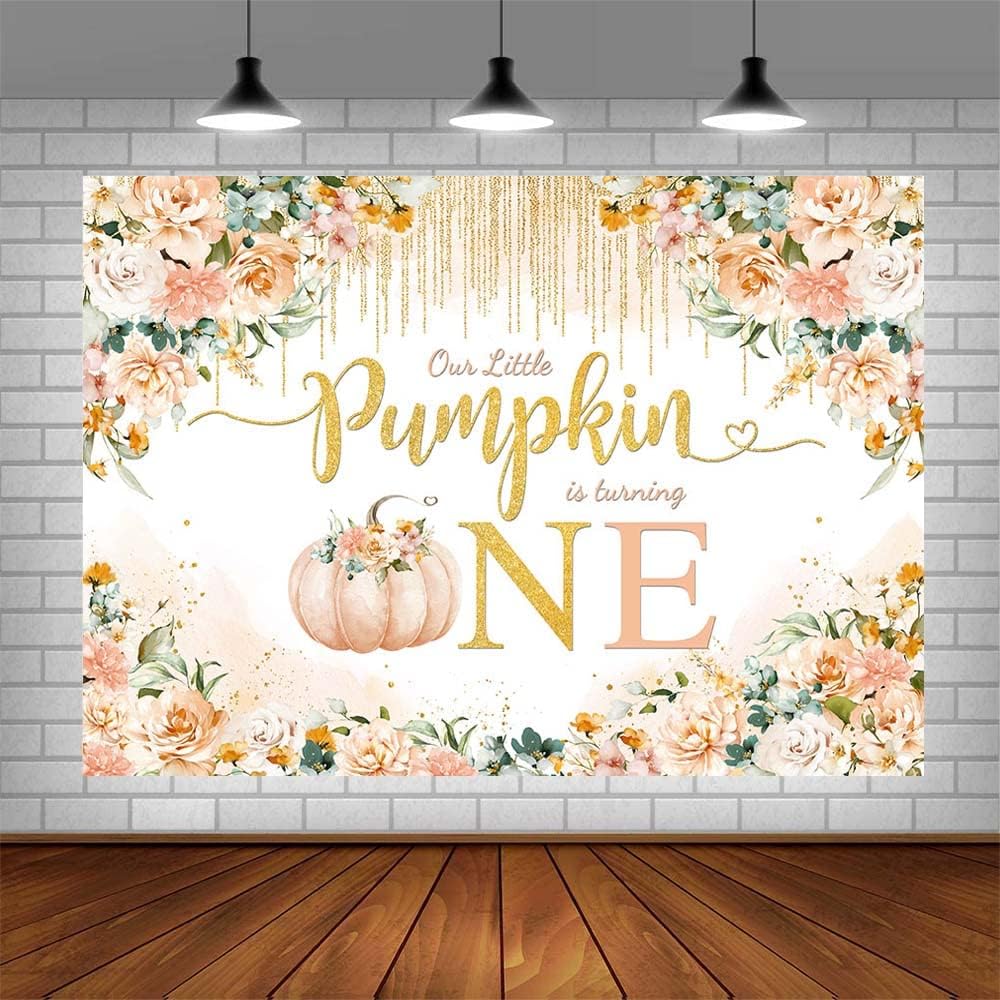 Telón de fondo de calabaza para primer cumpleaños de niñas de 7 x 5 pies para otoño, otoño, naranja, calabaza, floral, primer cumpleaños,
