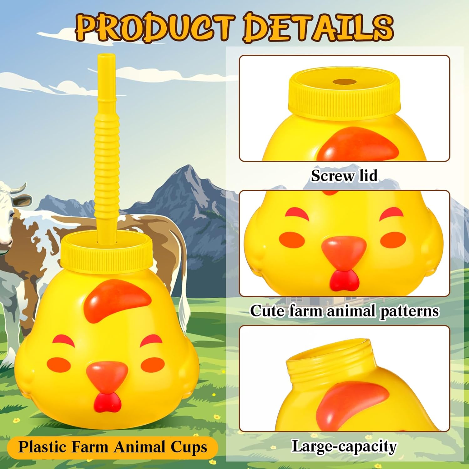 Roshtia Juego de 12 tazas de animales de granja con pajitas y tapas, 11 onzas, de plástico, reutilizables, con temática de animales, lindos vasos