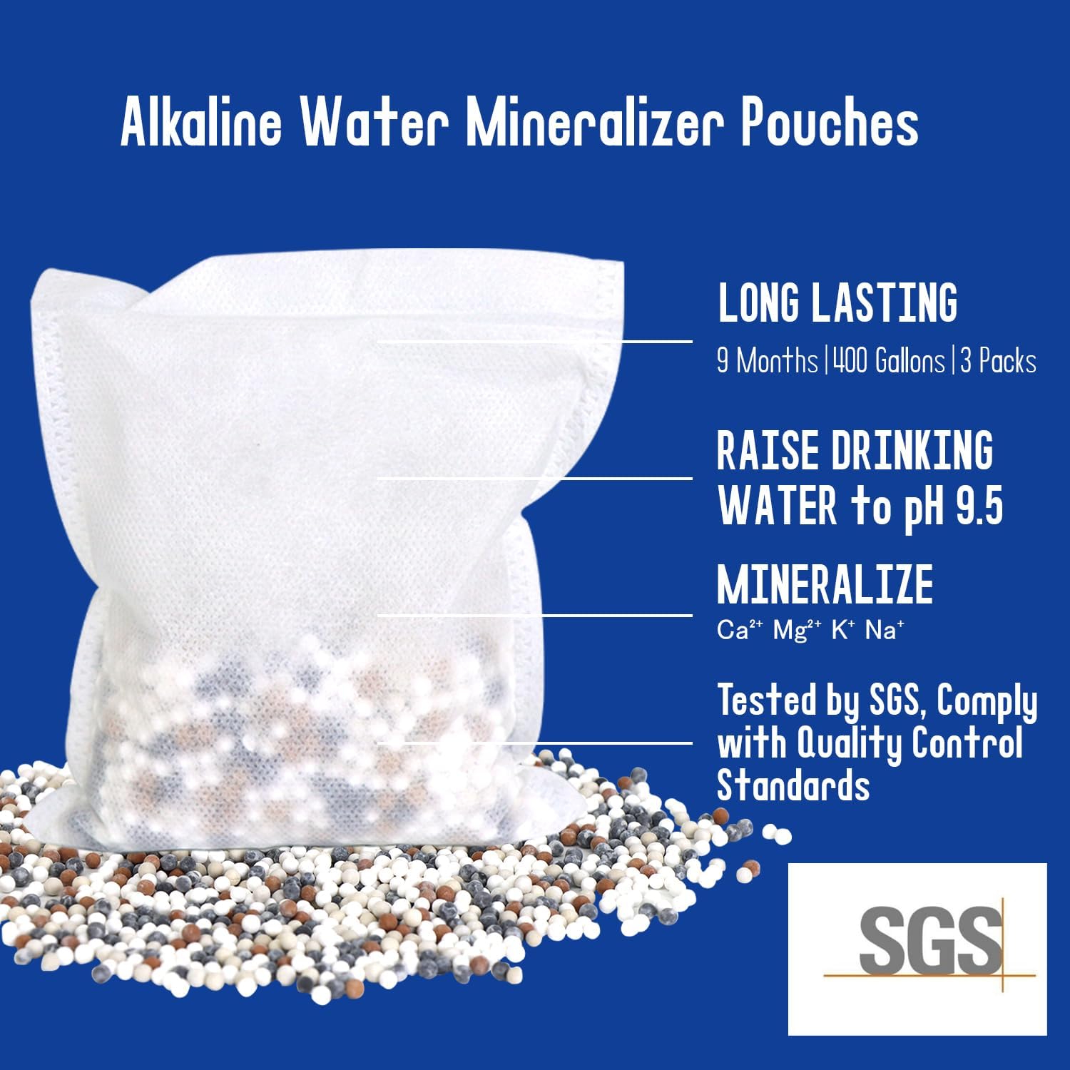 AlkaEnergy Bolsa de filtro de agua alcalina  pH 9.5 +  Eleva el pH del agua potable  Remineralización para agua de ósmosis inversa  Apto para