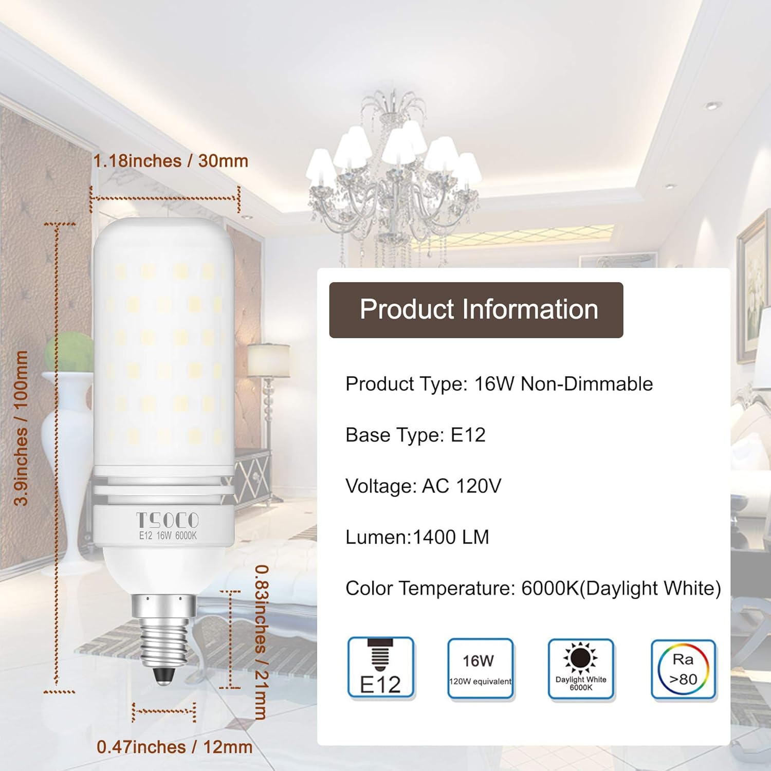 TSOCO – Bombillas LED E12, bombillas LED de 16 W, equivalente a 120 W, luz blanca diurna de 6000 K, 1400 lúmenes, no regulables, paquete de 3