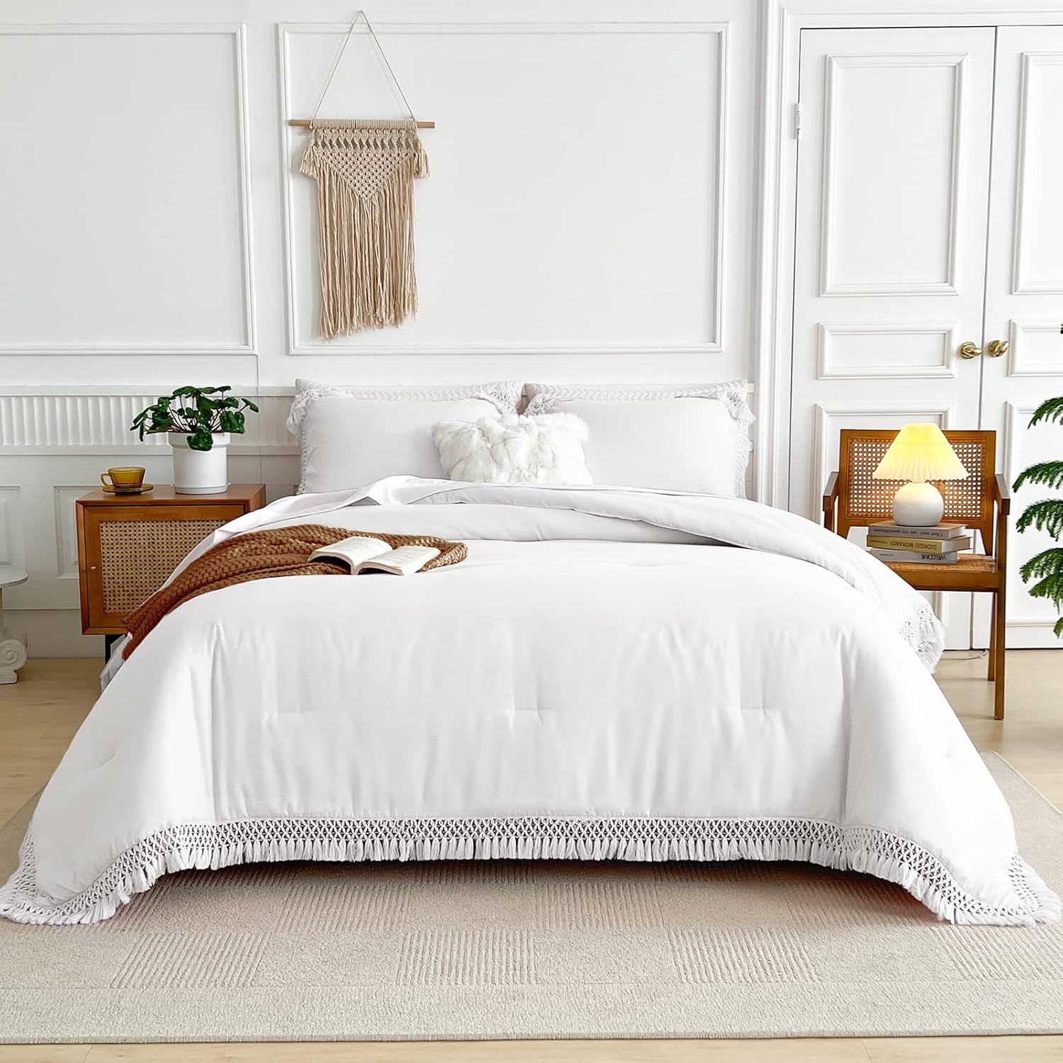 Juego de edredón con borlas blancas, tamaño Queen de 90 x 90 pulgadas, 3 piezas con flecos rosados, juego de ropa de cama bohemio de microfibra