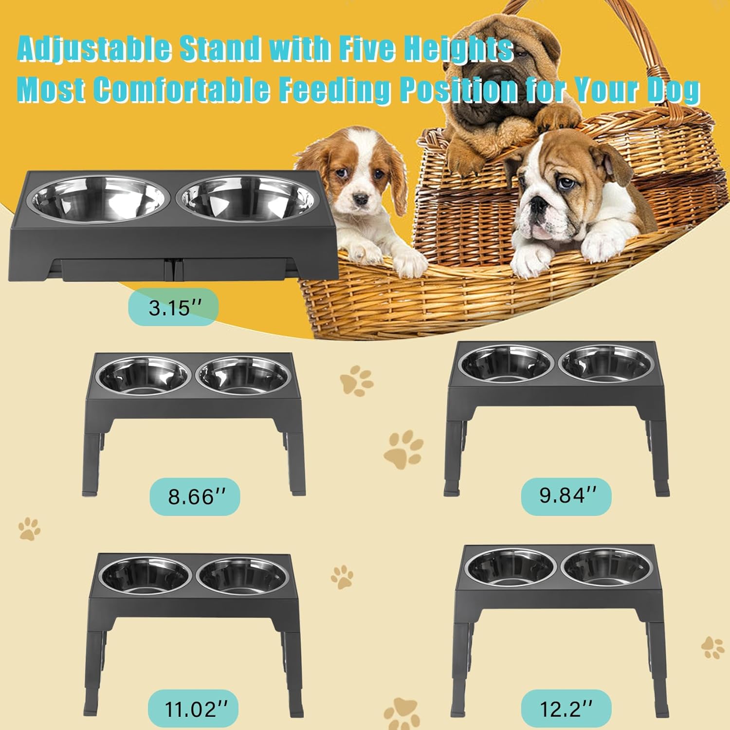 Tazones elevados para perros, con 5 alturas ajustables con 2 cuencos gruesos de acero inoxidable de 50 onzas para perros pequeños, medianos y