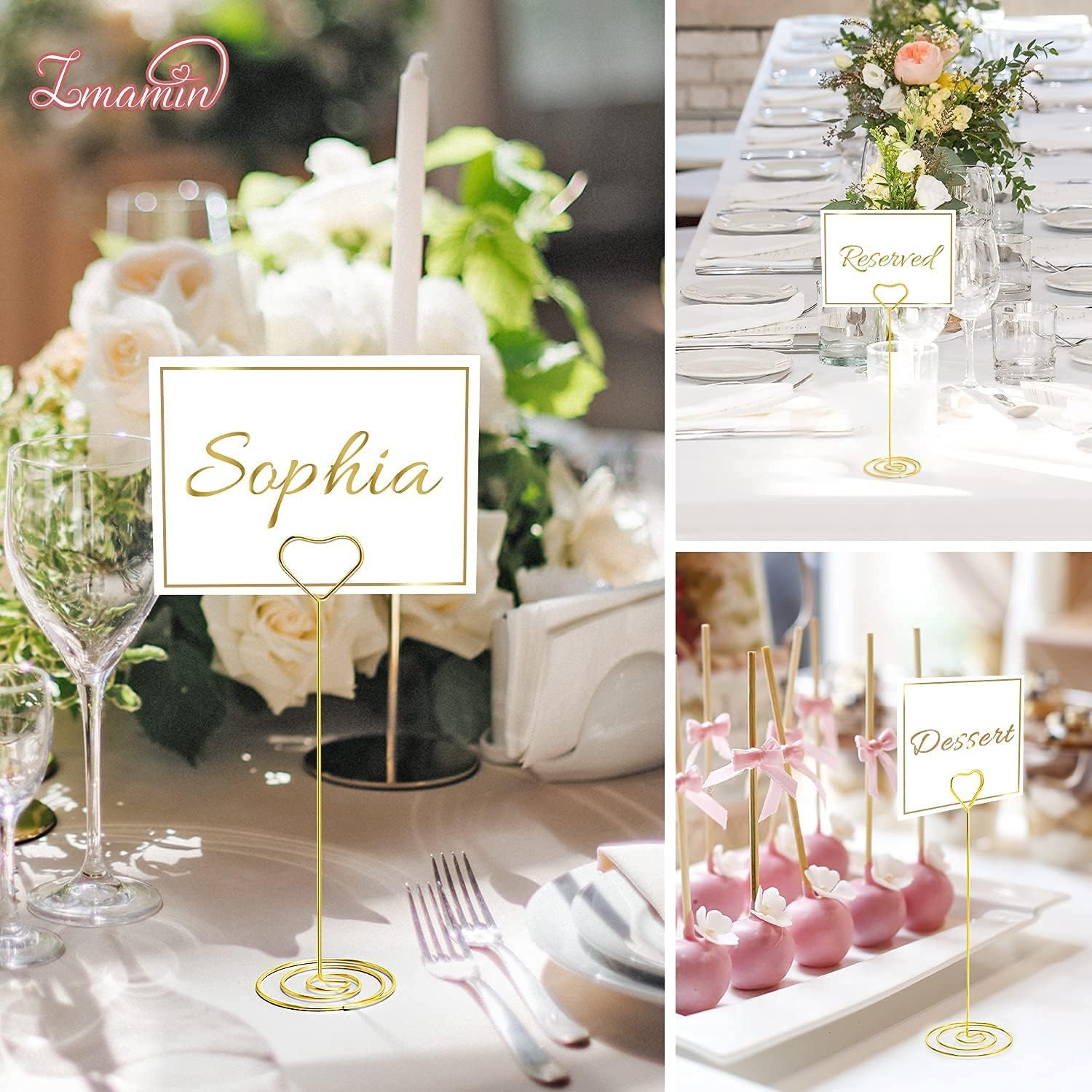 16 soportes para tarjetas de lugar, 8.75 pulgadas de alto, soporte de mesa dorado para mesas con clip en forma de corazón para bodas, fotos,