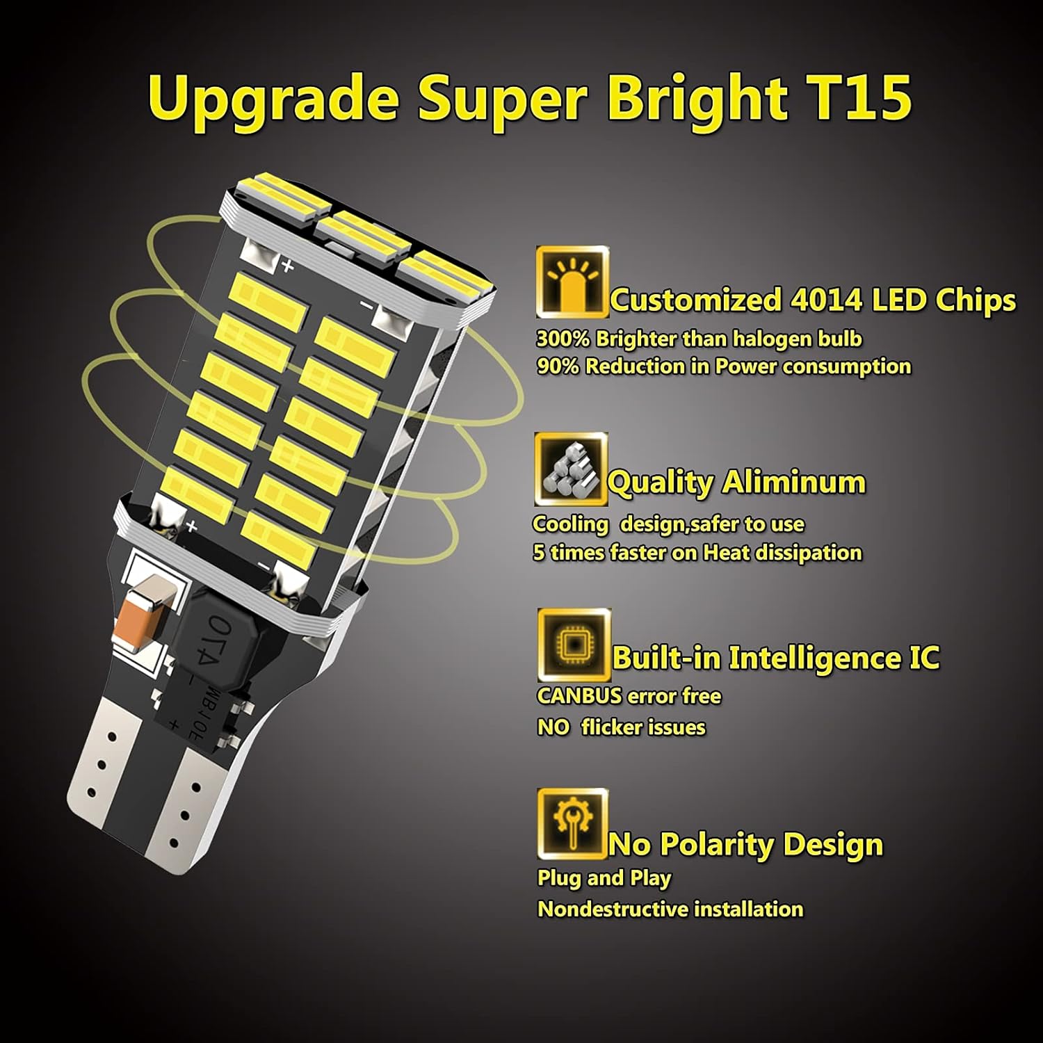 Bombilla LED T15 extremadamente brillante 921, 1200 lúmenes, sin polaridad 921, 912, T15, W16W, 30-SMD 4014, chips CANBUS, sin errores, para luces