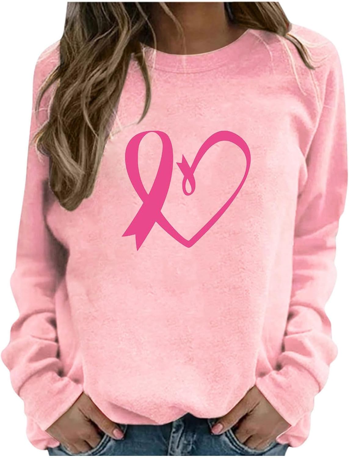 Linda sudadera de cinta rosa para mujer 2023, sudadera moderna de cuello redondo para cáncer de mama, sudadera con cuello redondo para