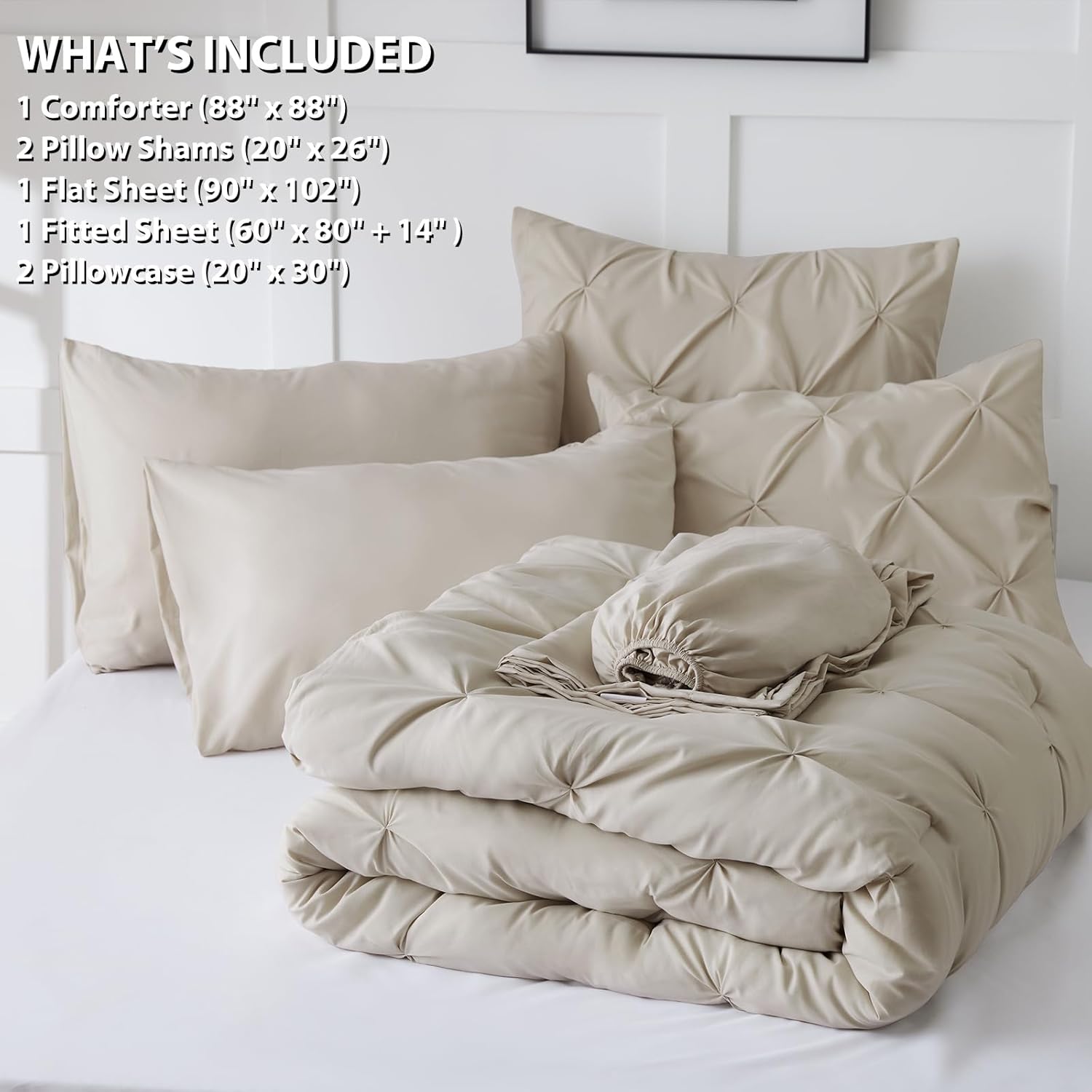 CozyLux Juego de edredón de tamaño matrimonial  7 piezas de edredón de tamaño matrimonial, color beige, gris con pintuck en una bolsa, juegos de