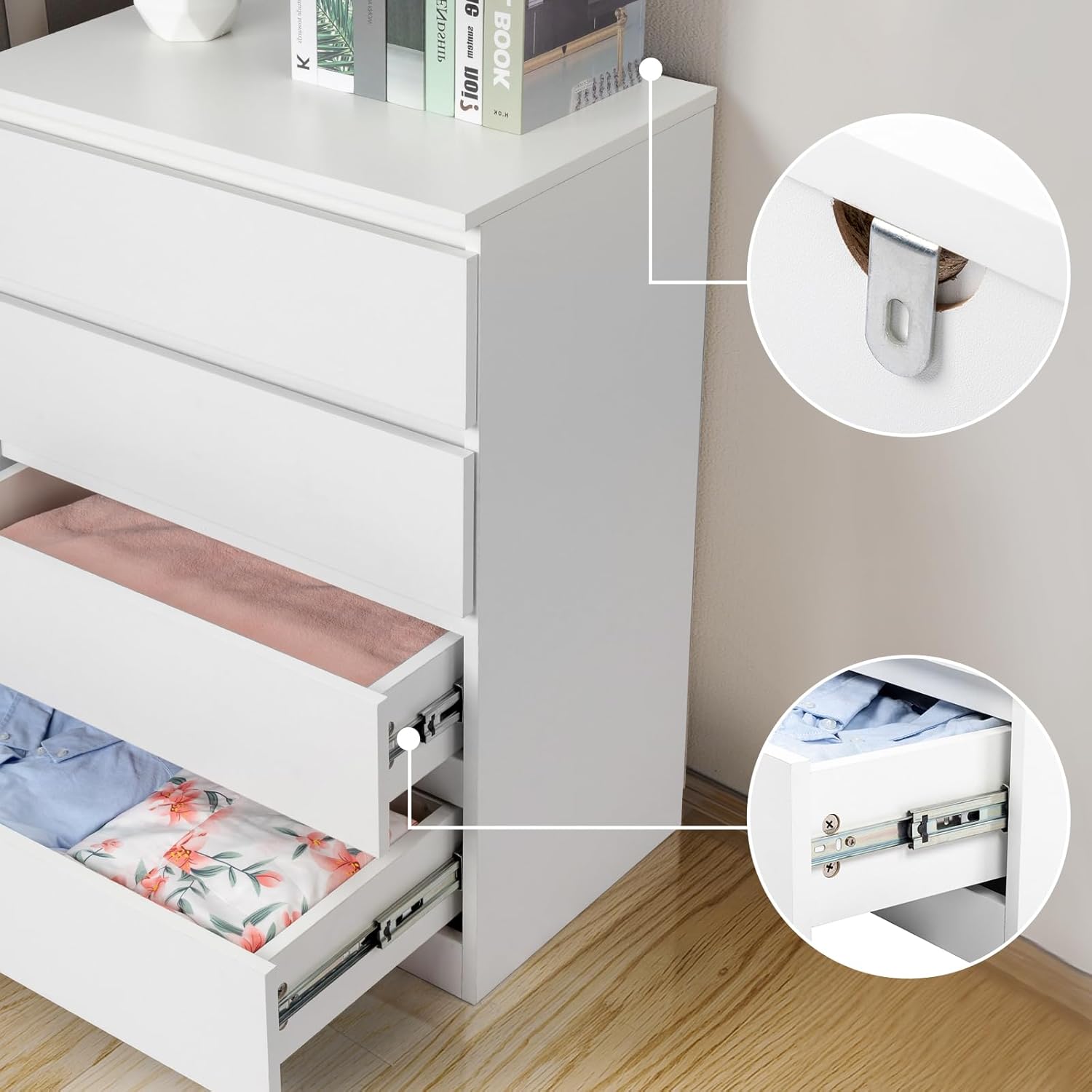 Karl home Cómoda blanca de 4 cajones para dormitorio, cómoda de madera con cajones profundos, cómoda alta con asas recortadas, cómoda de madera