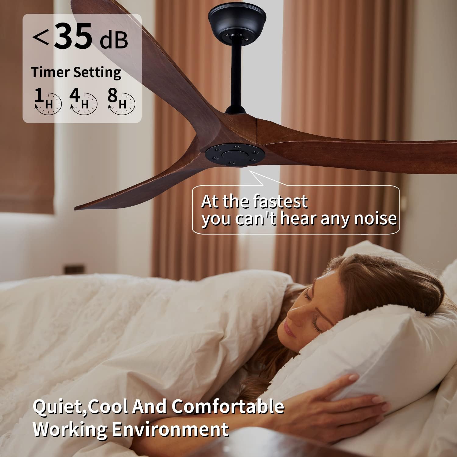 Ventilador de techo para exteriores de 60 pulgadas sin luz, motor CC de bajo consumo, 3 aspas de madera maciza, ventilador de techo de madera con