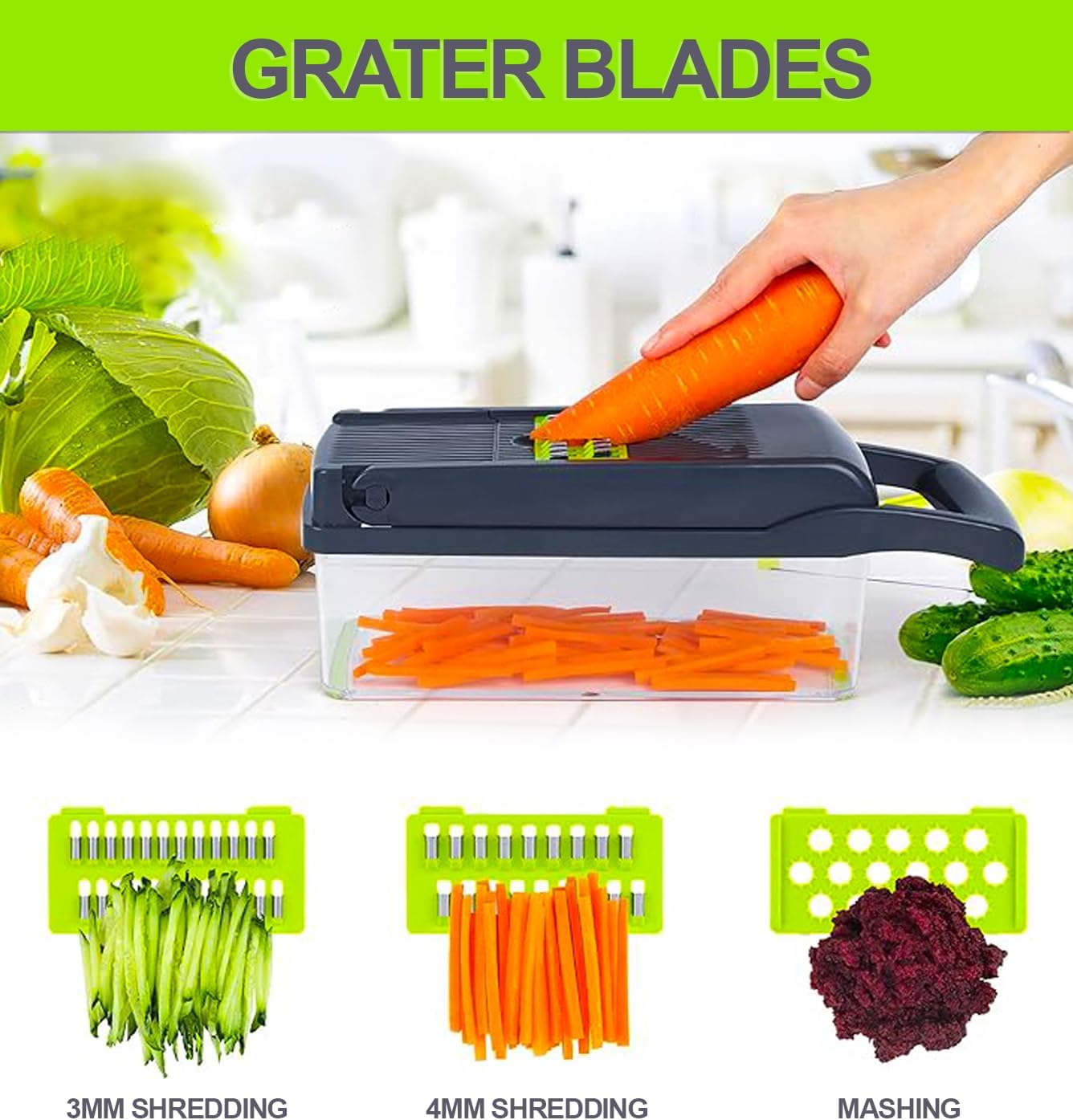 TRADEBLAZE Picador de verduras con recipiente, cortador de verduras multifuncional 15 en 1, apto para lavavajillas con material libre de BPA,